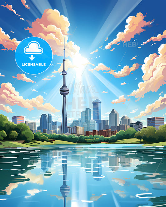 Vibrant Painting of Cairns Skyline Featuring Tower and Water