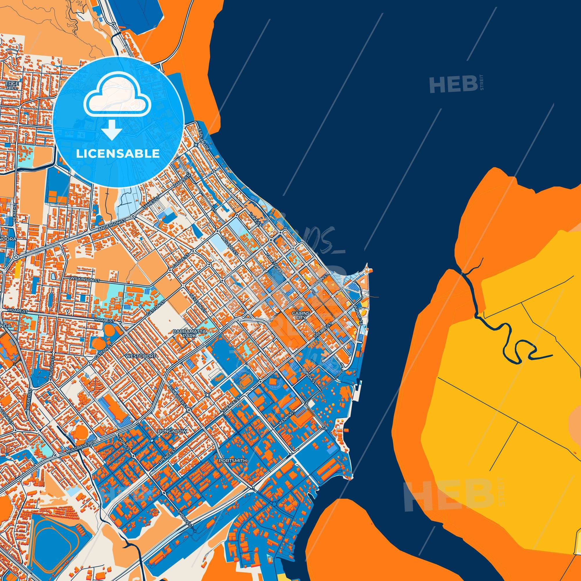 Colorful Cairns Street Map With Labels And Buildings – HEBSTREITS