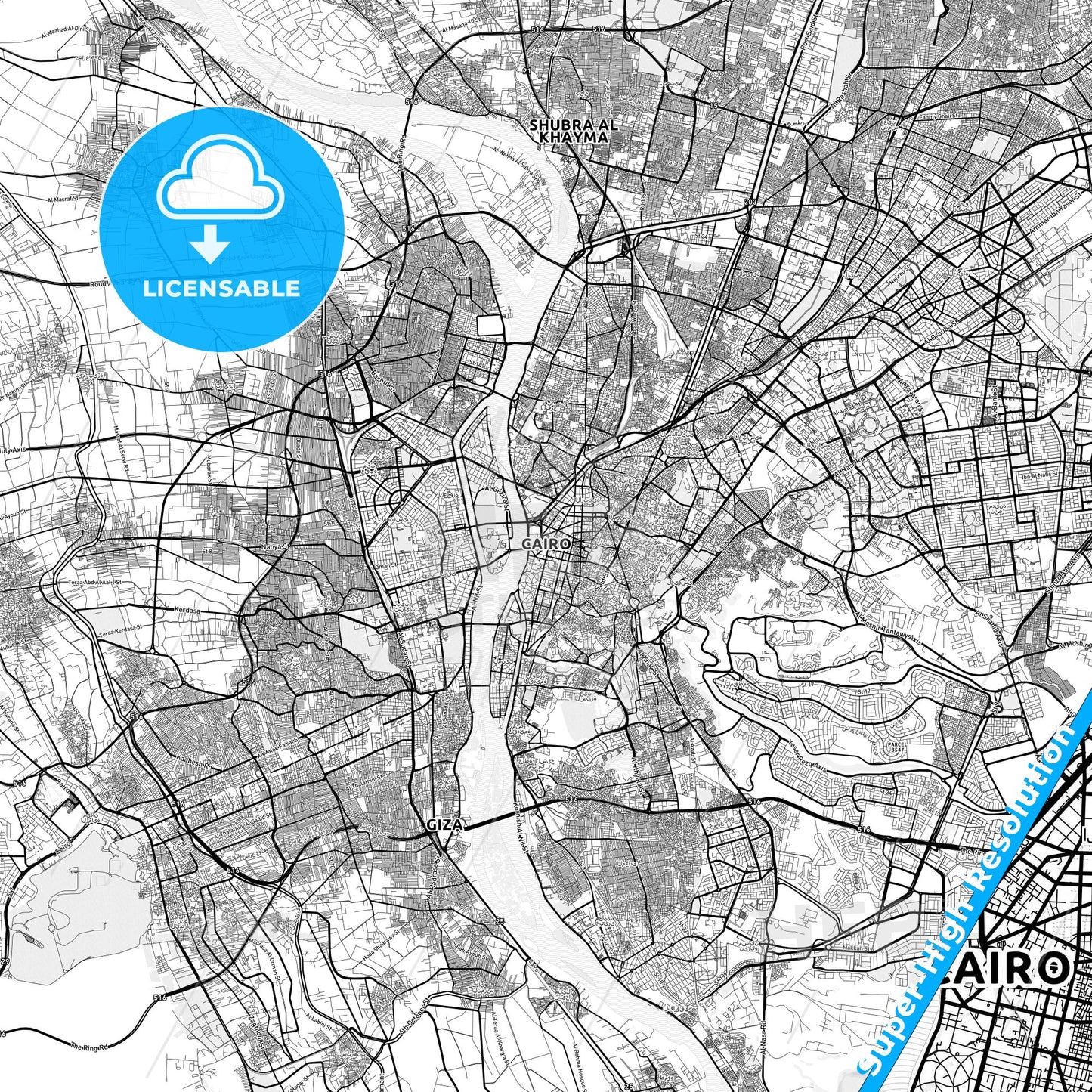 Cairo, Egypt light map with streetnames, citynames and districts