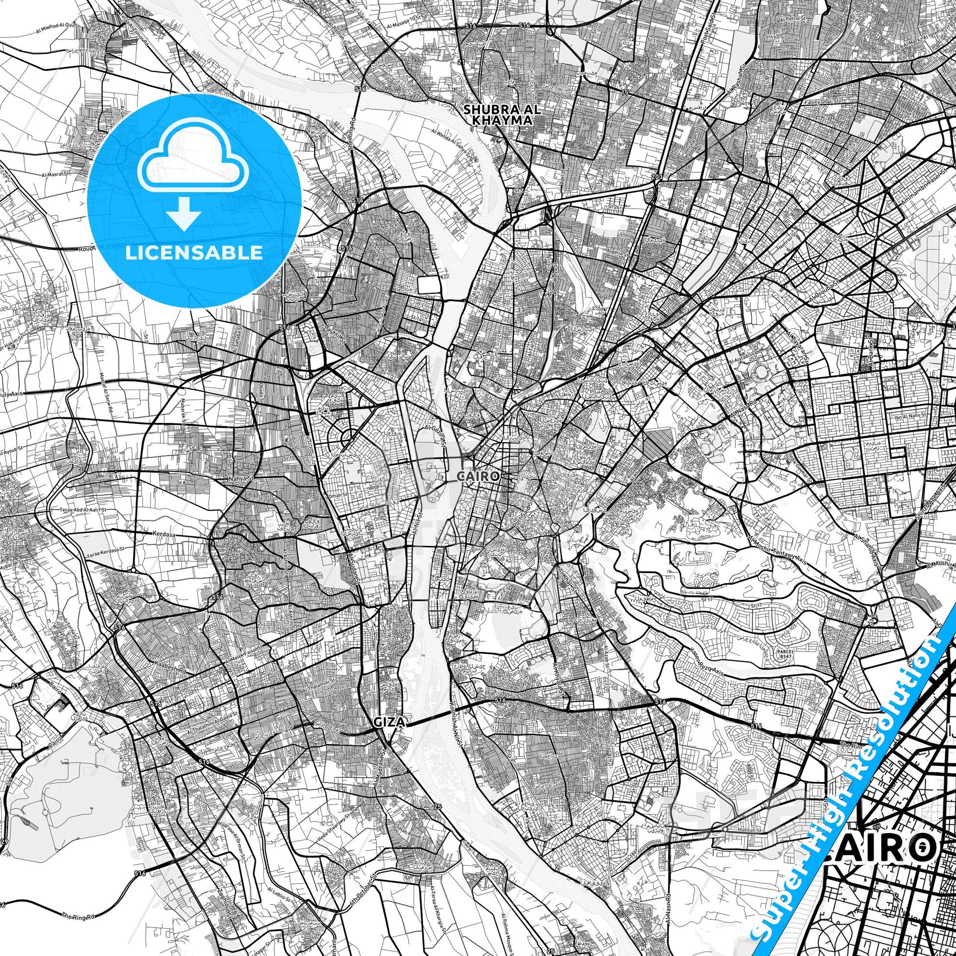 Cairo, Egypt light map with streetnames, citynames and districts