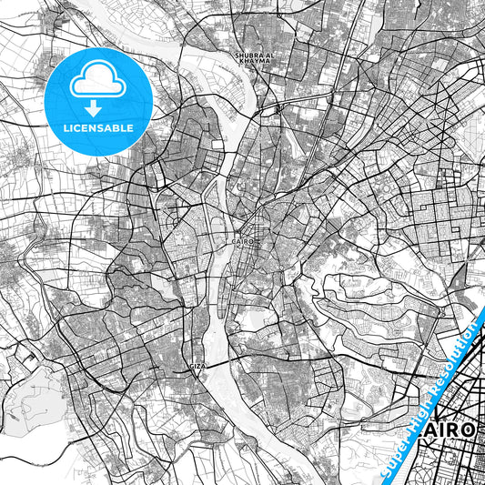 Cairo, Egypt light map with streetnames, citynames and districts