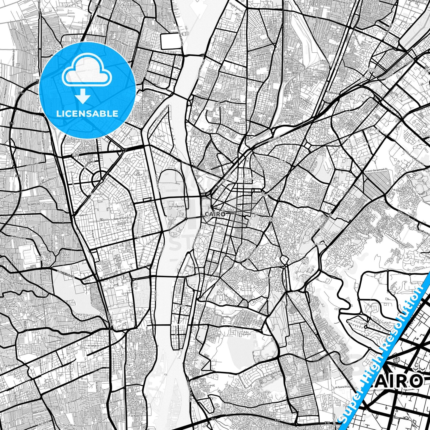Cairo, Egypt Light Map with Street Names, City Names, and Districts