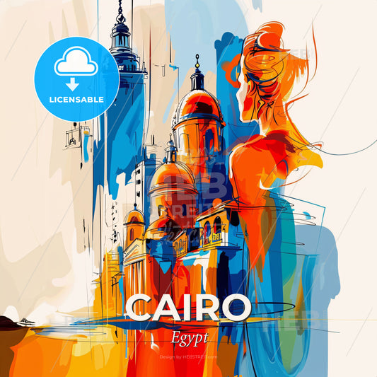 Vibrant Cairo, Egypt - A Painting Of A Woman Looking At A Building - Square format print template