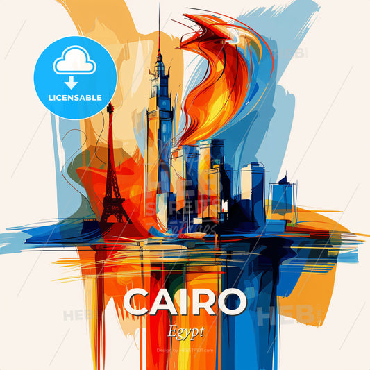 Vibrant Cairo, Egypt - A Painting Of A City With A Tower And Fire - Square format print template