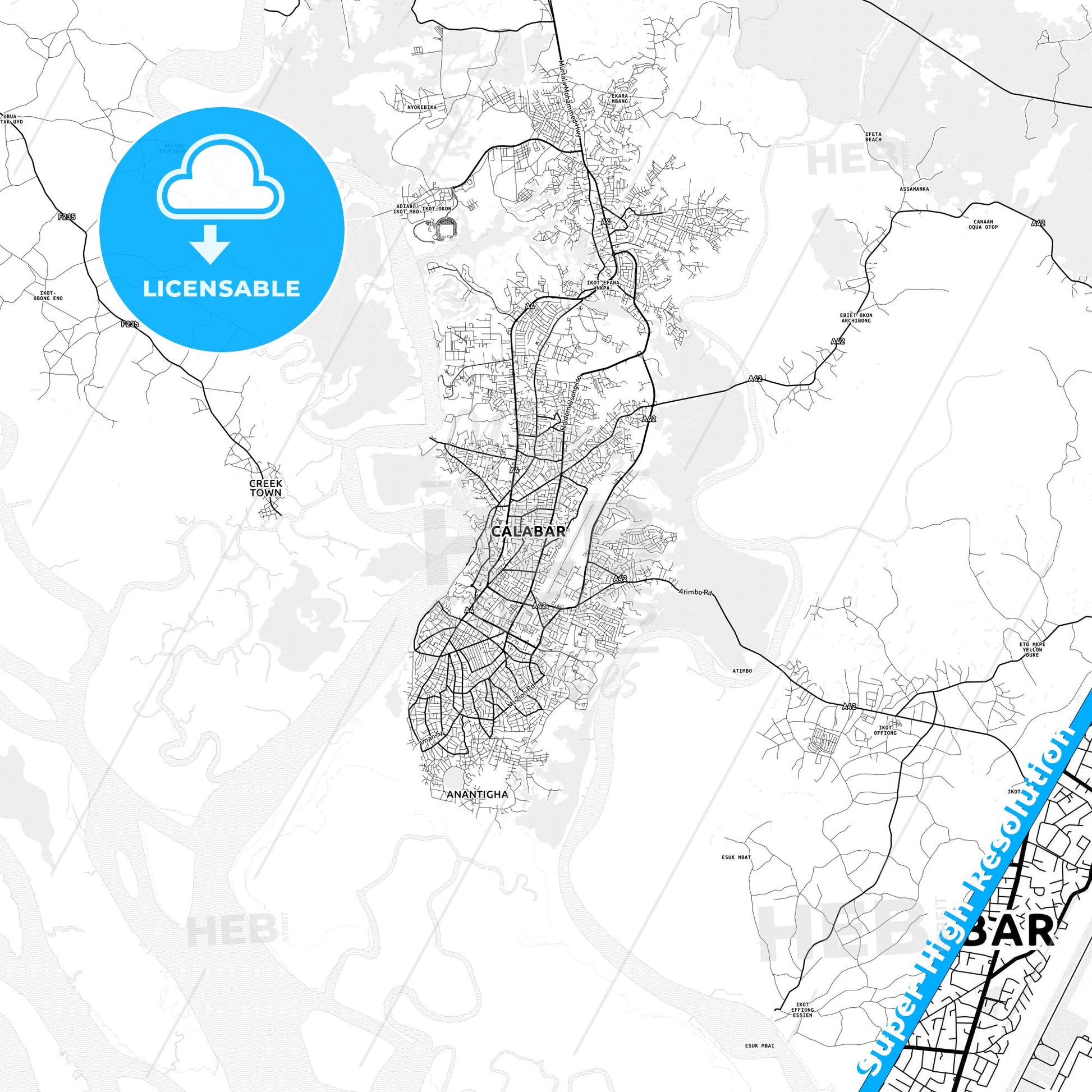 Calabar, Nigeria light map with streetnames, citynames and districts