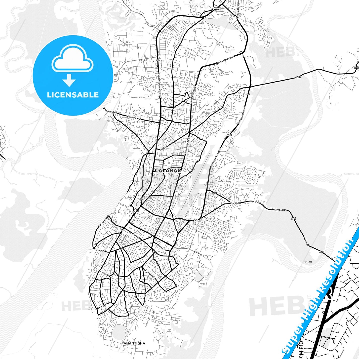 Calabar, Nigeria Light Map with Street Names, City Names, and Districts