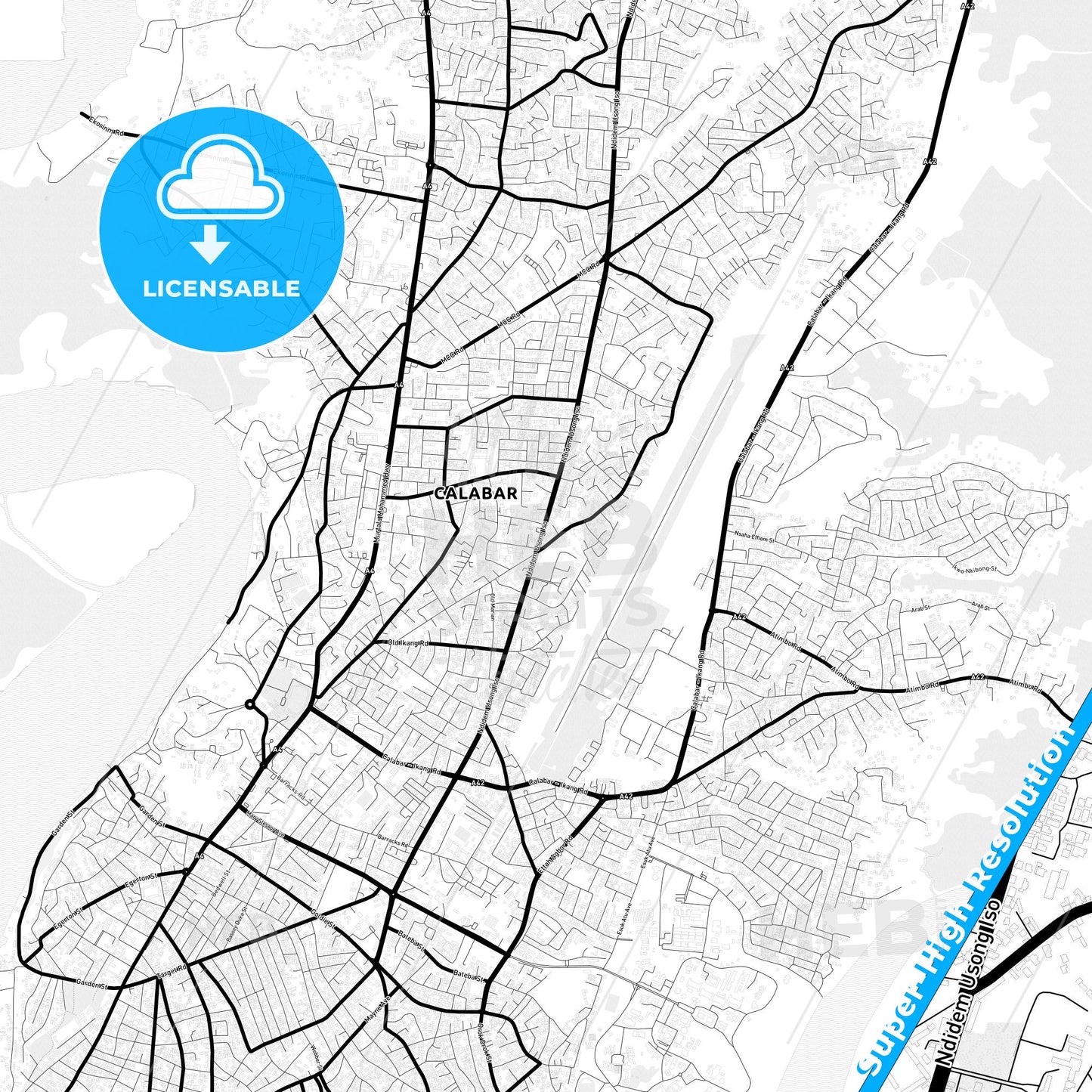 Calabar, Nigeria Light Map with Street Names, City Names, and Districts