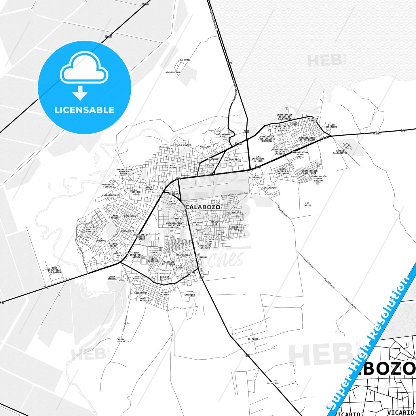 Calabozo, Venezuela Light Map with Street Names, City Names, and Districts
