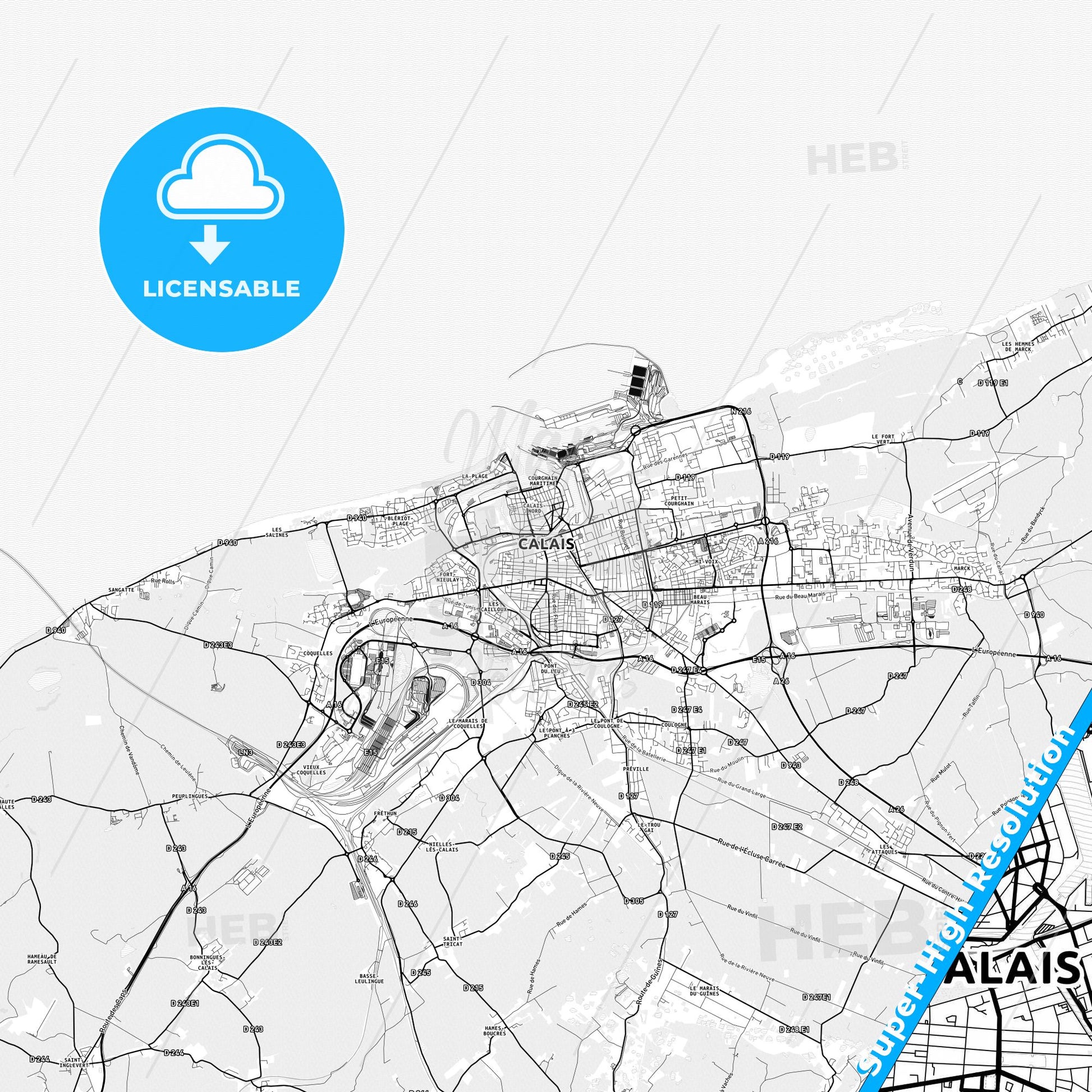 Calais, France light map with streetnames, citynames and districts