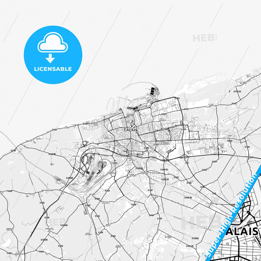 Calais, France light map with streetnames, citynames and districts
