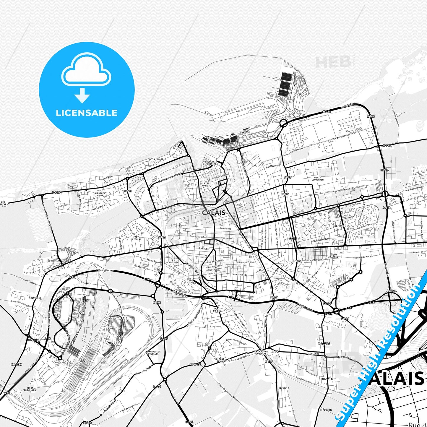 Calais, France Light Map with Street Names, City Names, and Districts