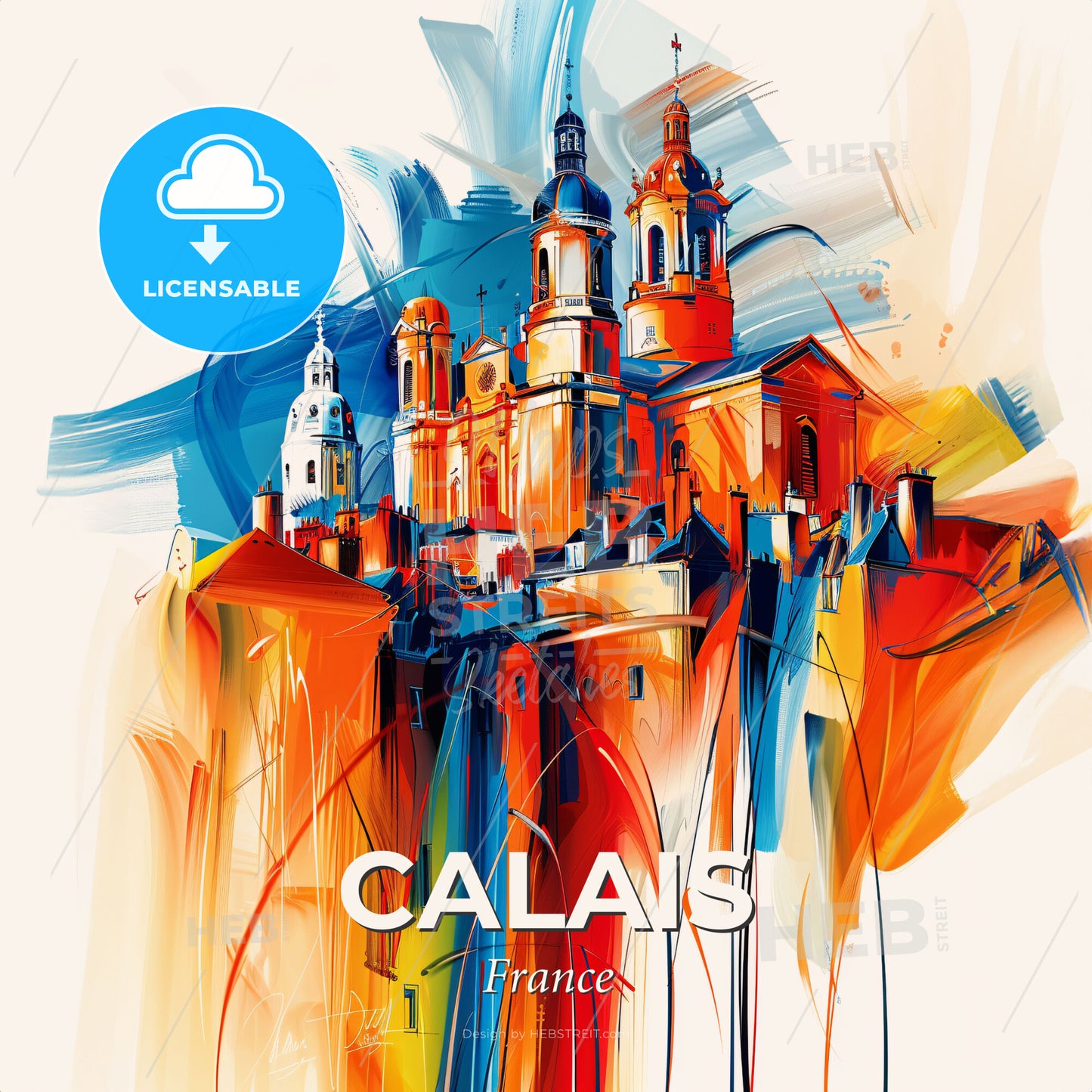 Vibrant Calais, France - A Painting Of A Skyline With A Colorful Building - Square format print template