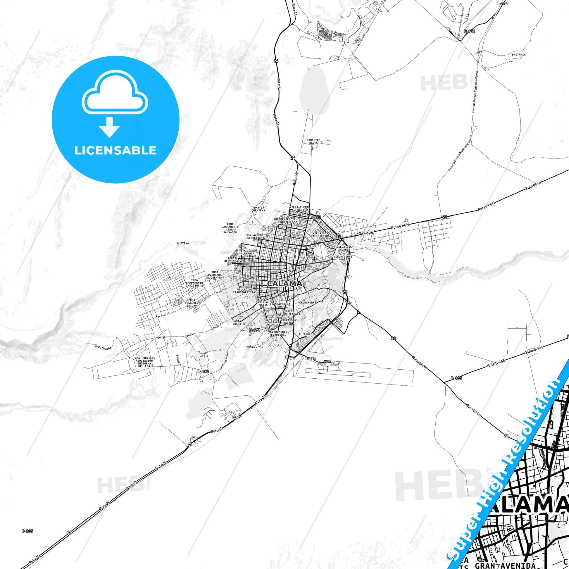 Calama, Chile light map with streetnames, citynames and districts
