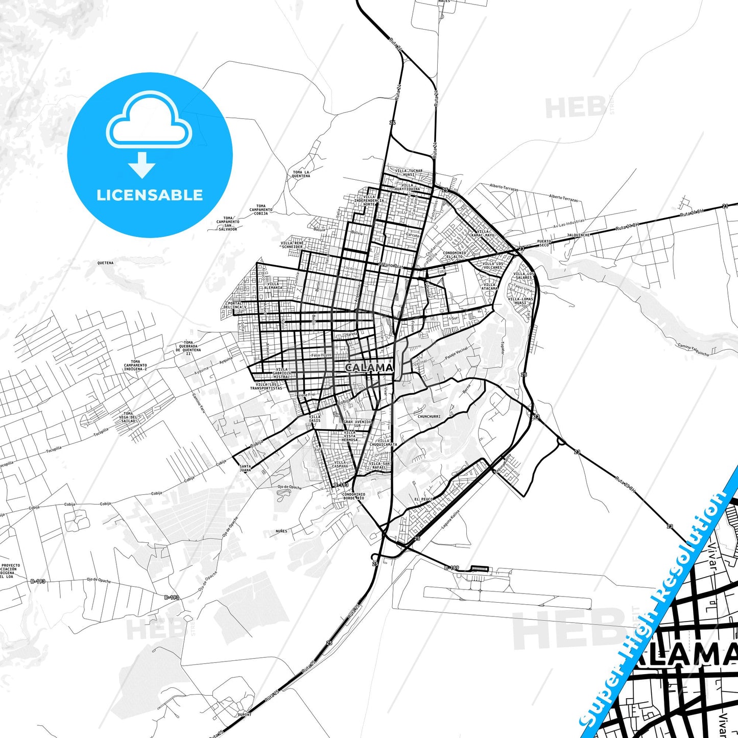 Calama, Chile Light Map with Street Names, City Names, and Districts