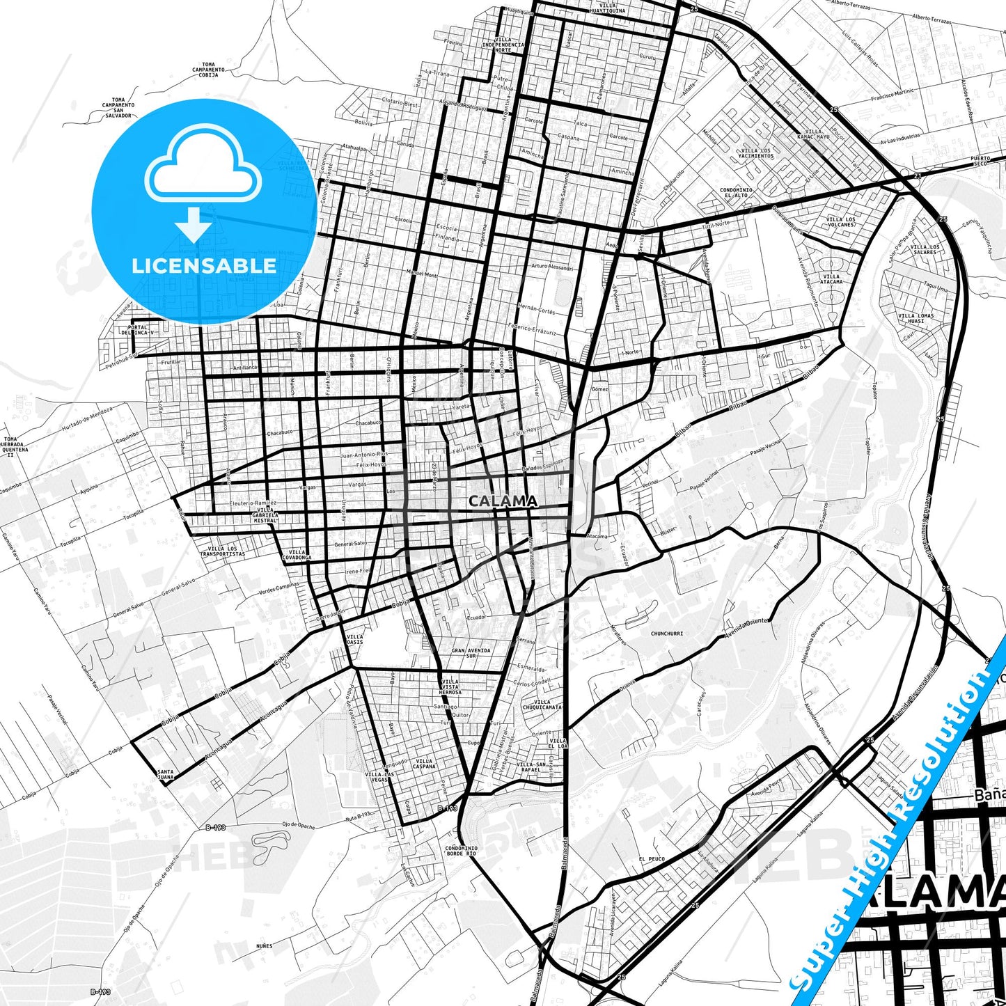 Calama, Chile Light Map with Street Names, City Names, and Districts