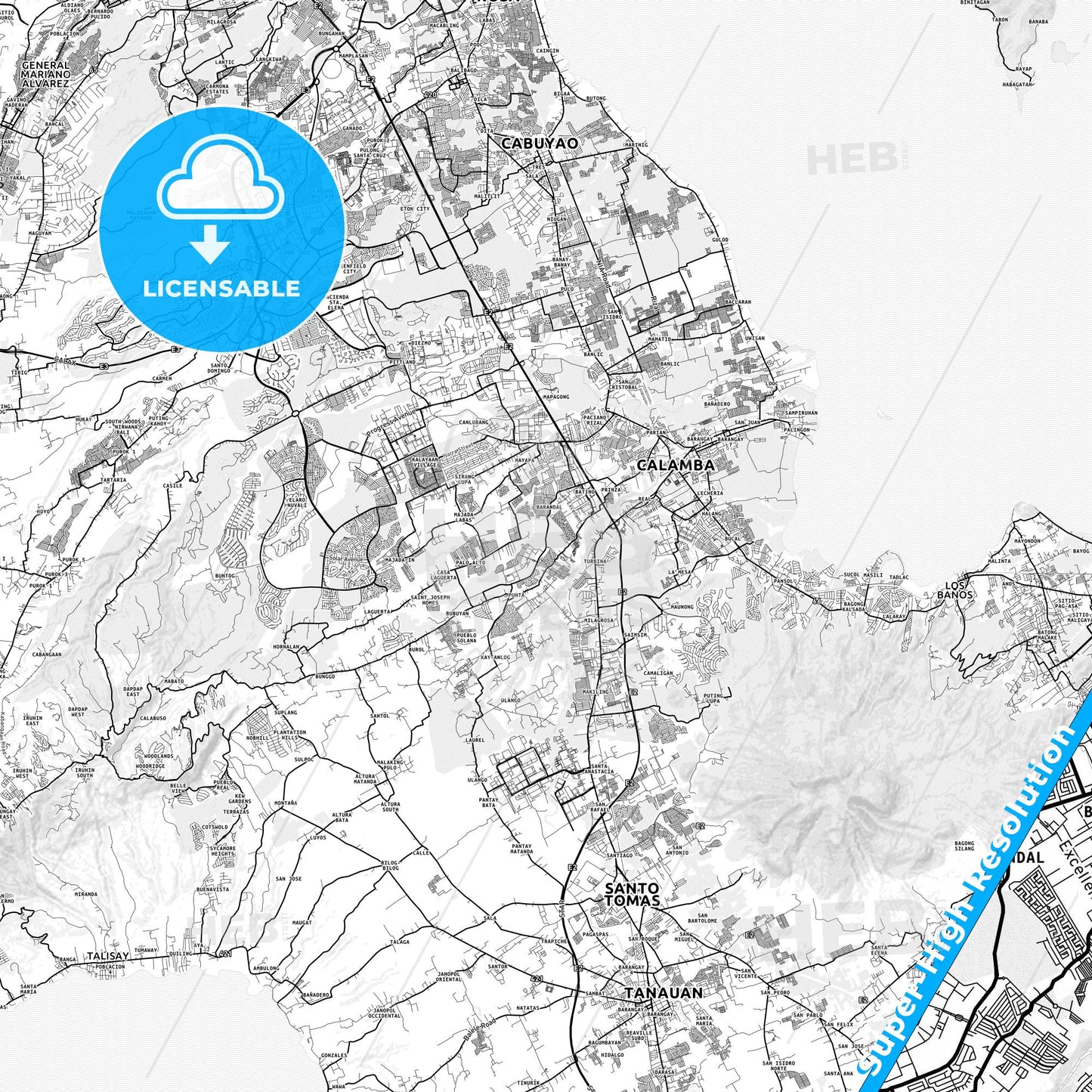 Calamba, Philippines light map with streetnames, citynames and districts