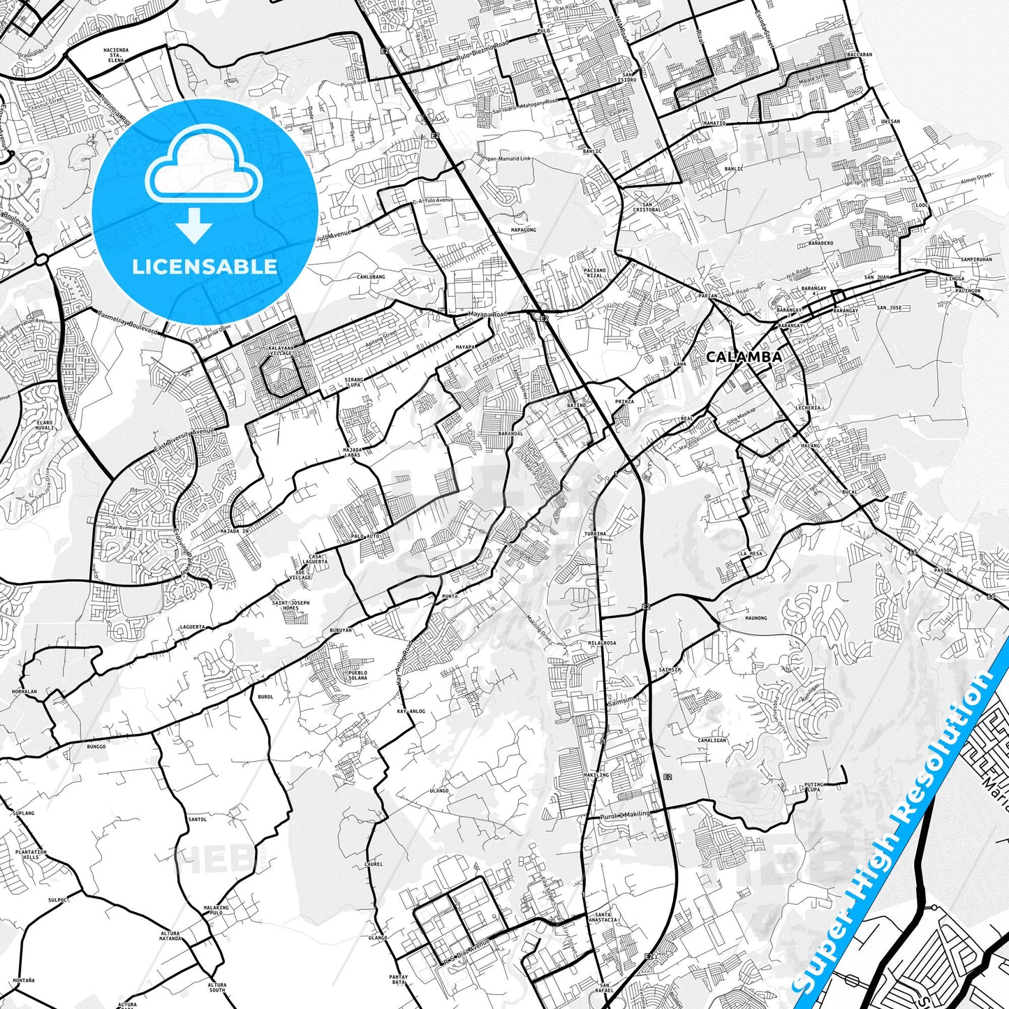 Calamba, Philippines Light Map with Street Names, City Names, and Districts