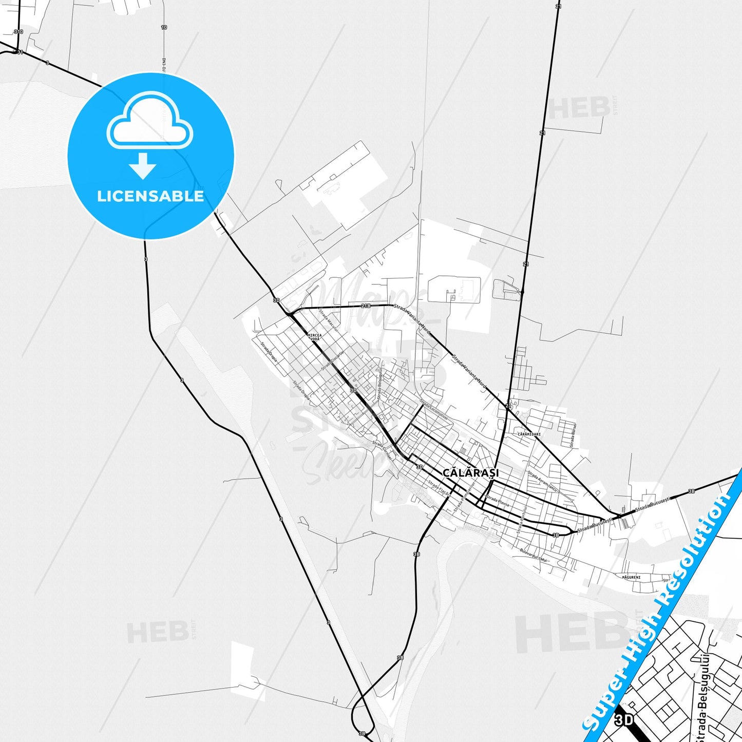 Călărași, Romania Light Map with Street Names, City Names, and Districts