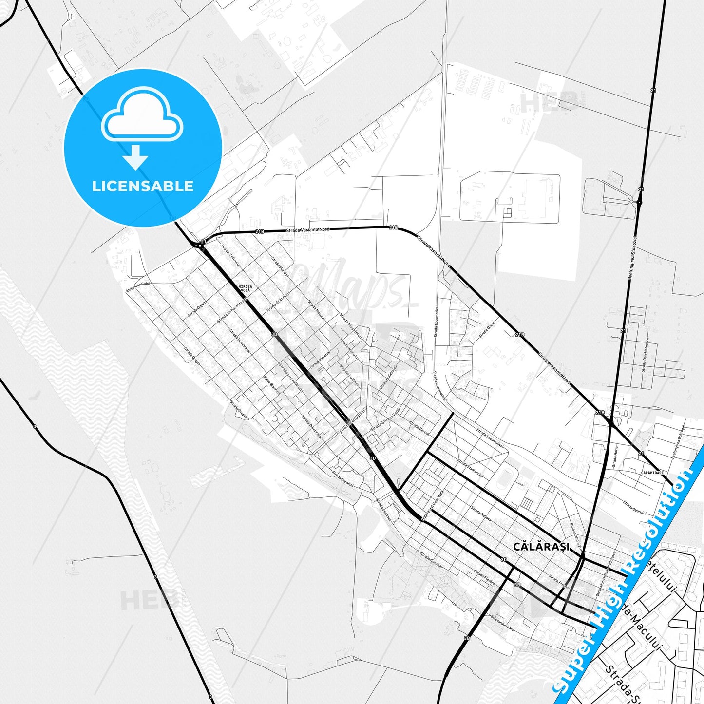 Călărași, Romania Light Map with Street Names, City Names, and Districts