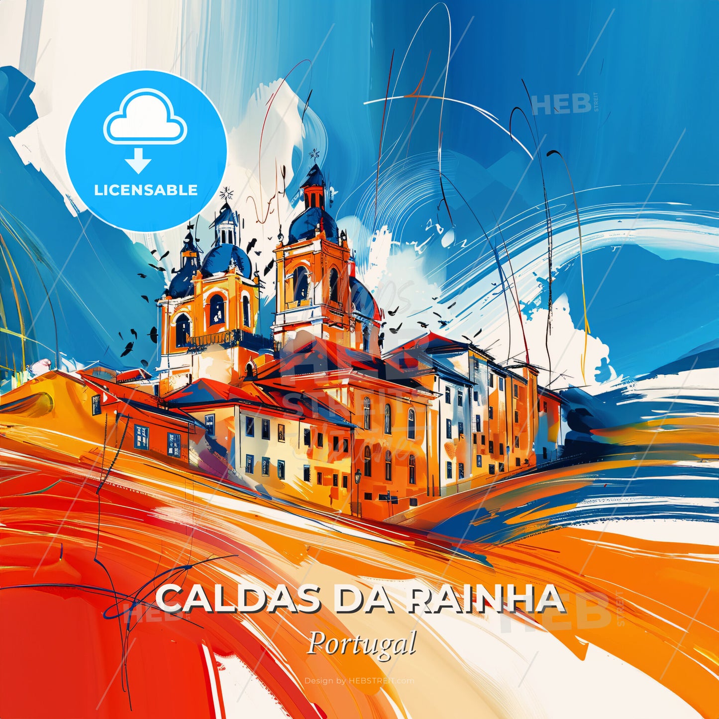 Vibrant Caldas Da Rainha, Portugal - A Painting Of A Building With A Dome On Top - Square format print template