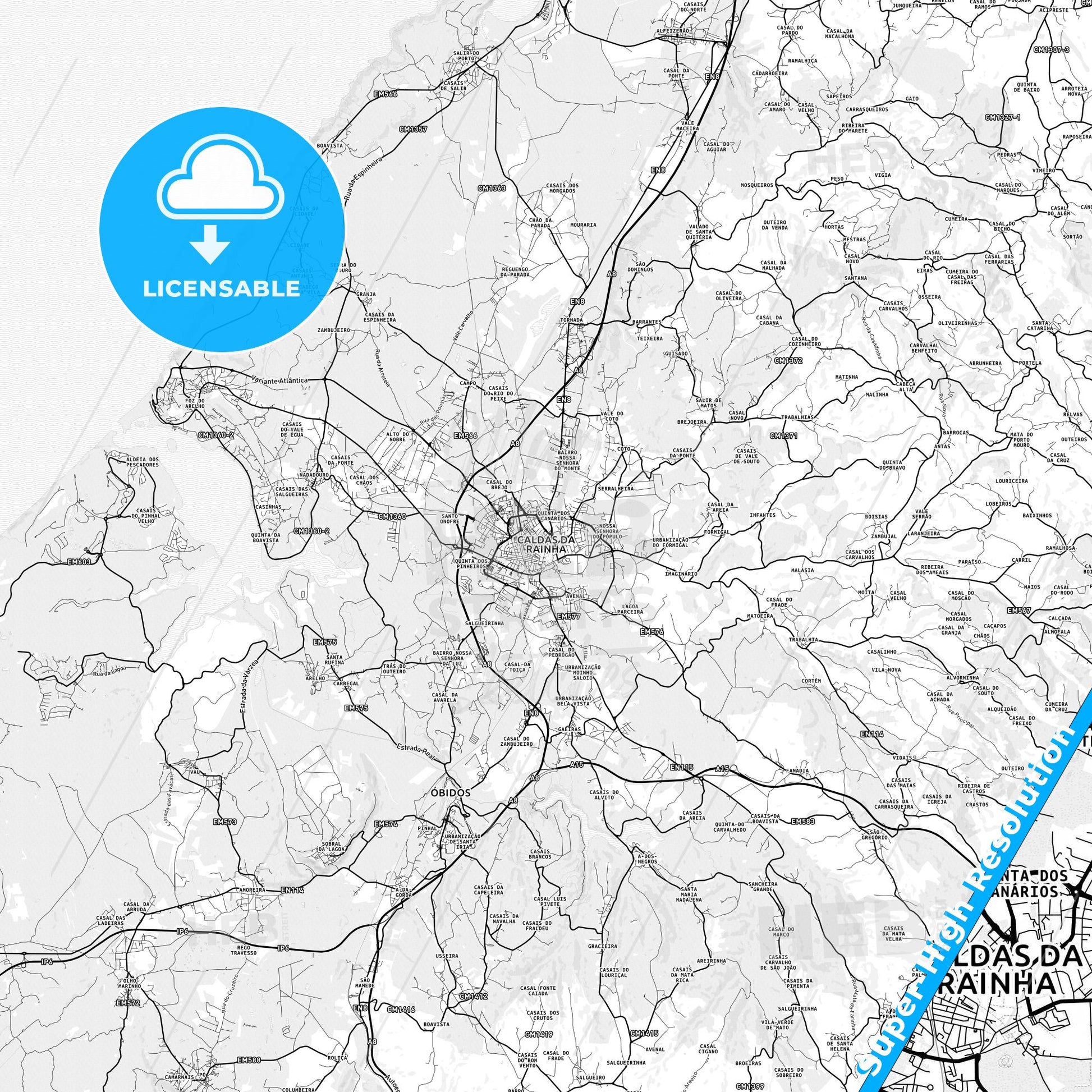 Caldas da Rainha, Portugal light map with streetnames, citynames and districts