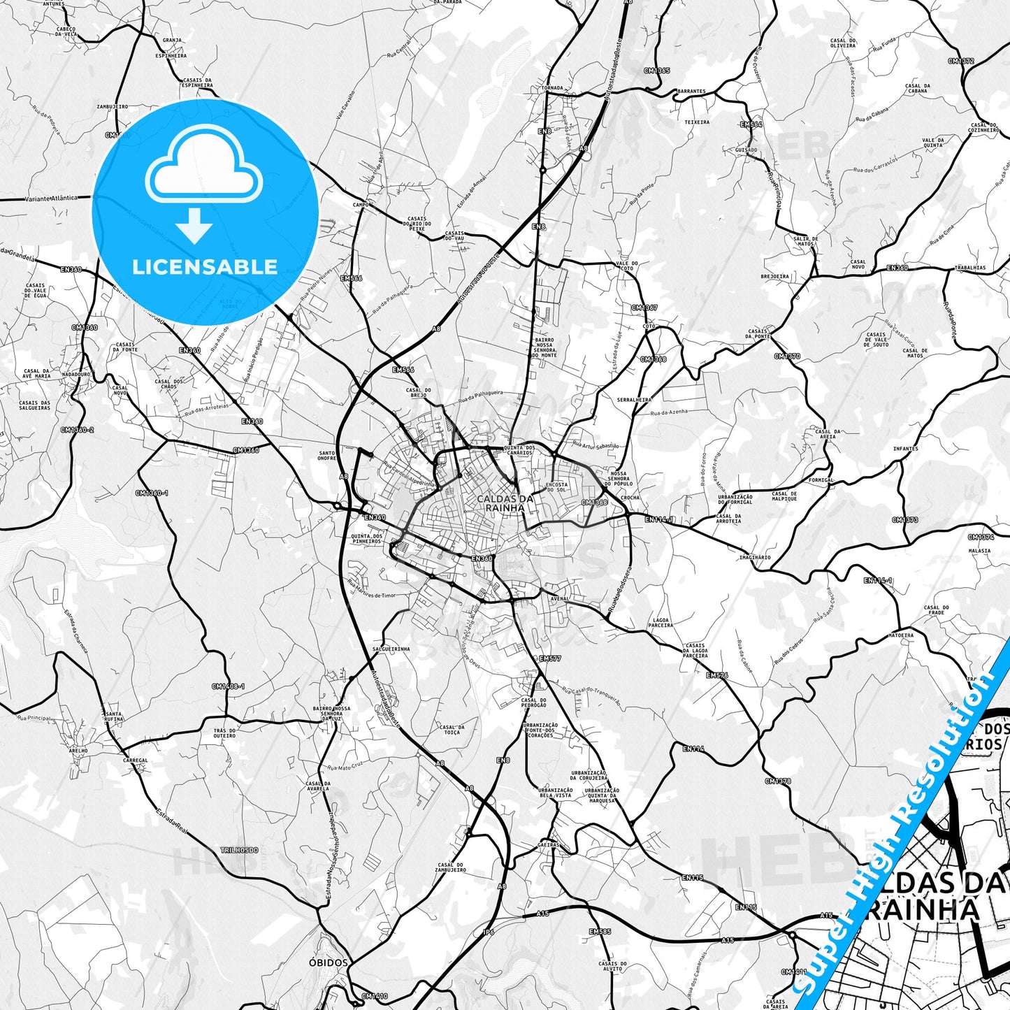 Caldas da Rainha, Portugal Light Map with Street Names, City Names, and Districts