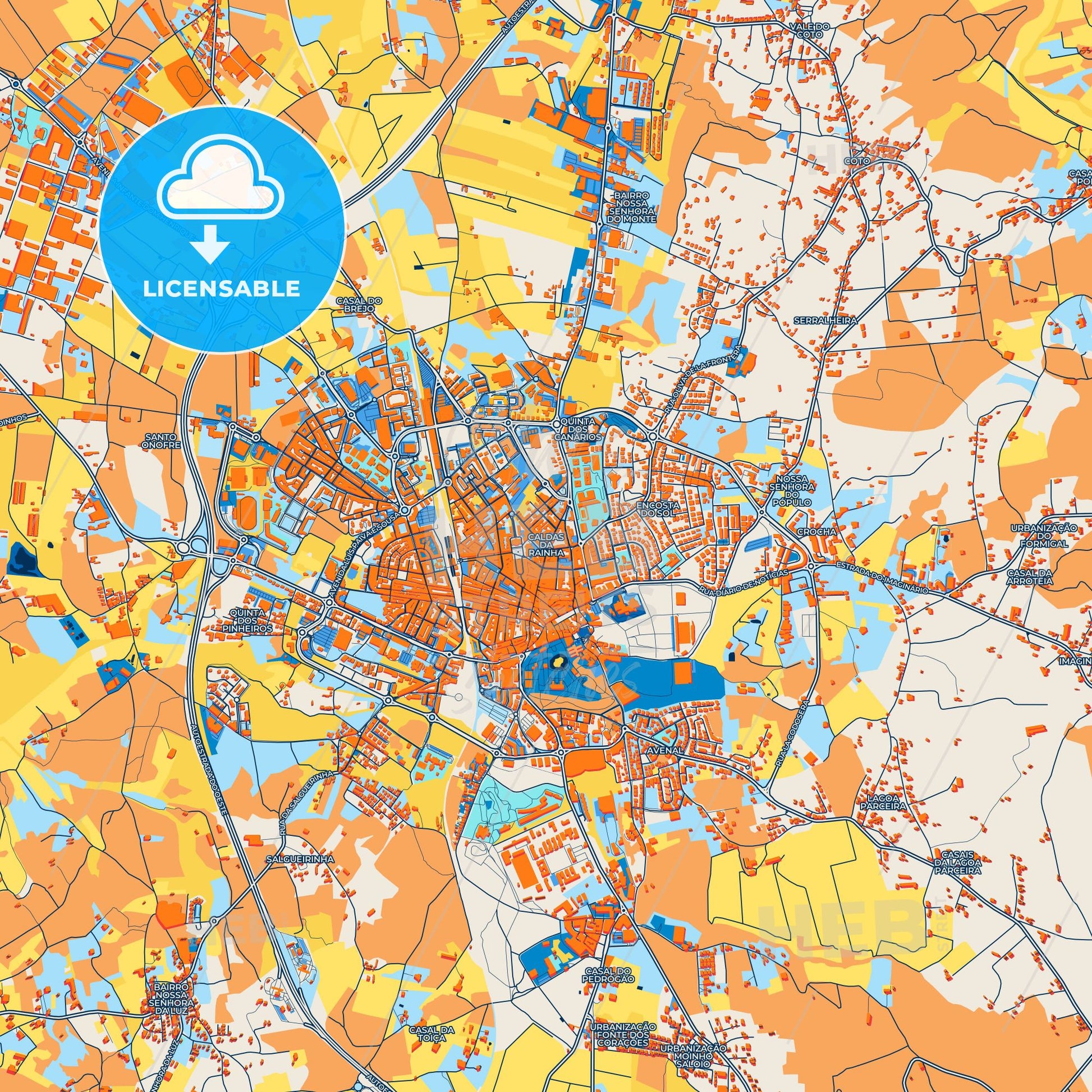 Colorful Caldas da Rainha Street Map with Labels and Buildings