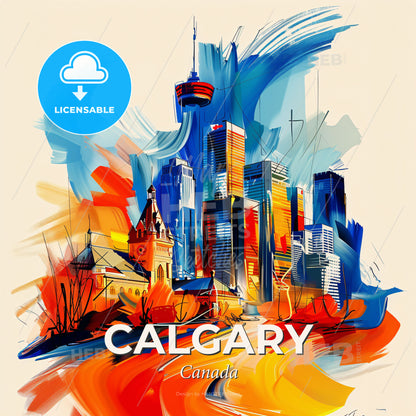 Vibrant Calgary, Canada - A Colorful Cityscape With A Clock Tower - Square format print template