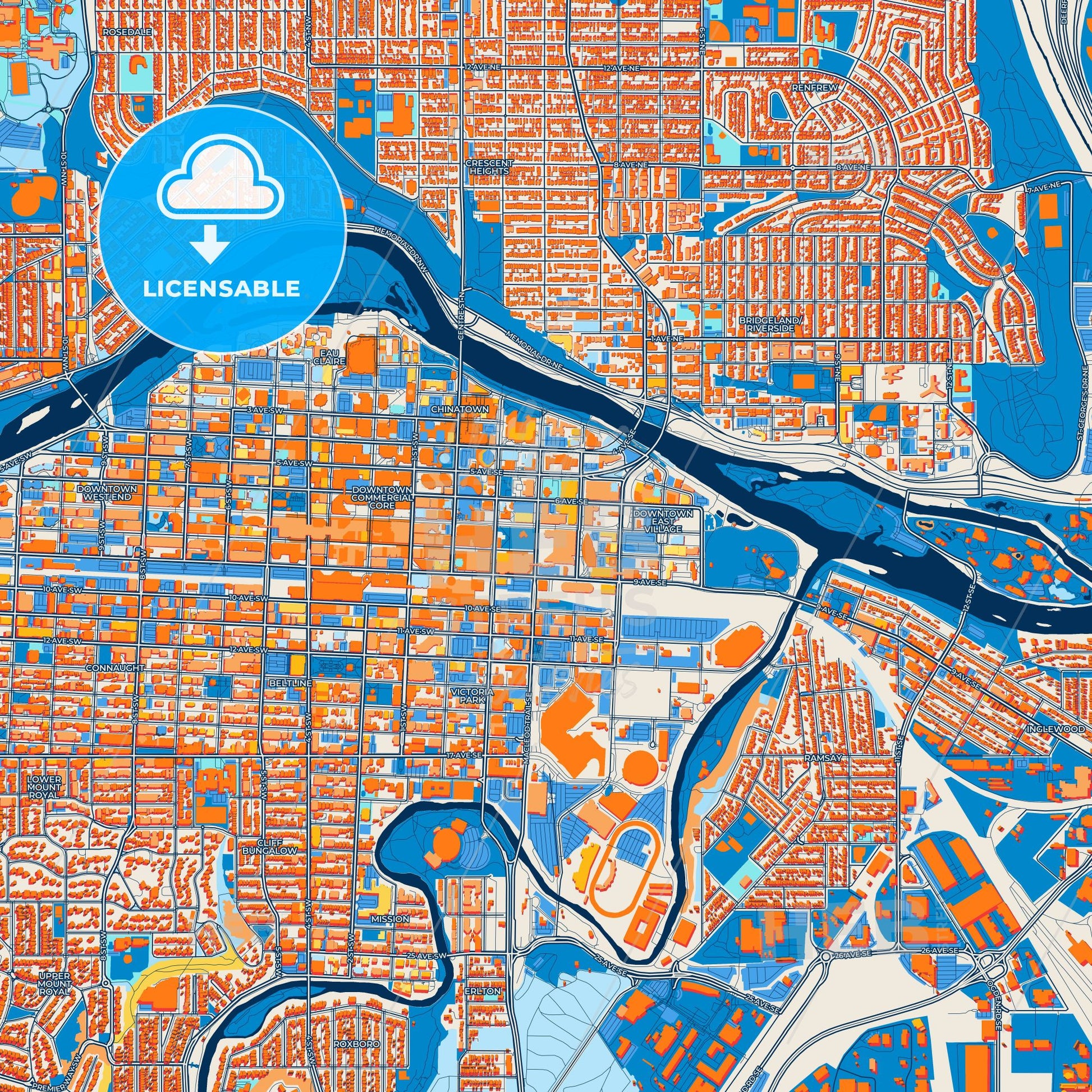 Colorful Calgary Street Map with Labels and Buildings