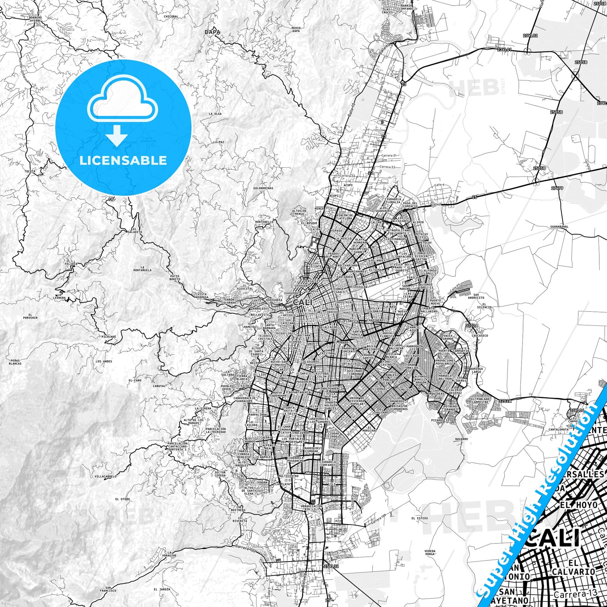 Cali, Colombia light map with streetnames, citynames and districts