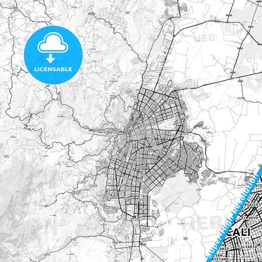 Cali, Colombia light map with streetnames, citynames and districts