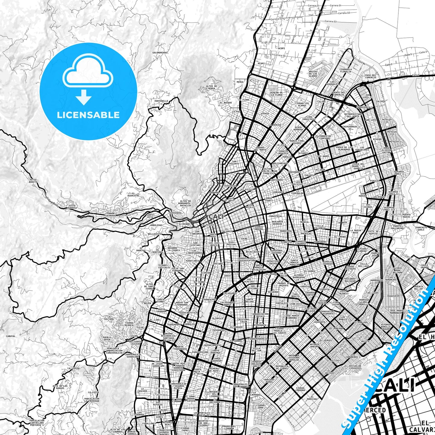 Cali, Colombia Light Map with Street Names, City Names, and Districts