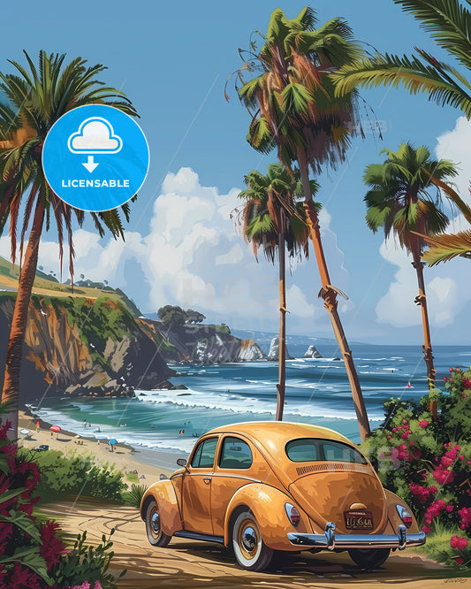 Vibrant California Beach Art: Car, Palm Trees, Water, Acrylic Painting