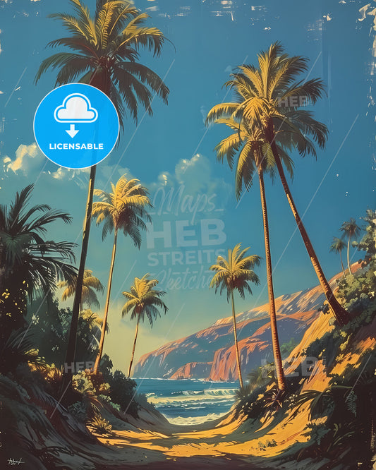 Vibrant Art Depiction of Californian Beach with Palm Trees