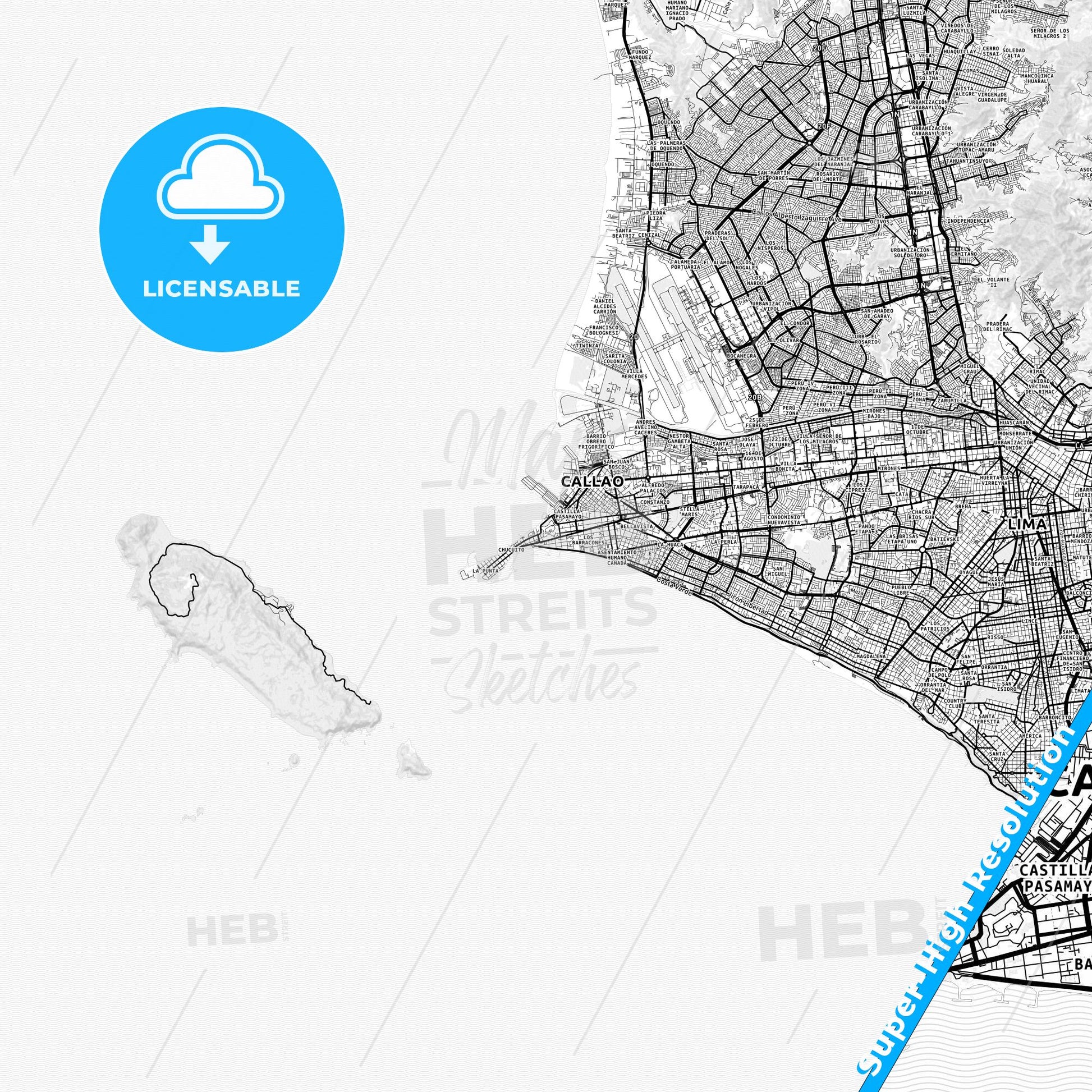Callao, Peru light map with streetnames, citynames and districts