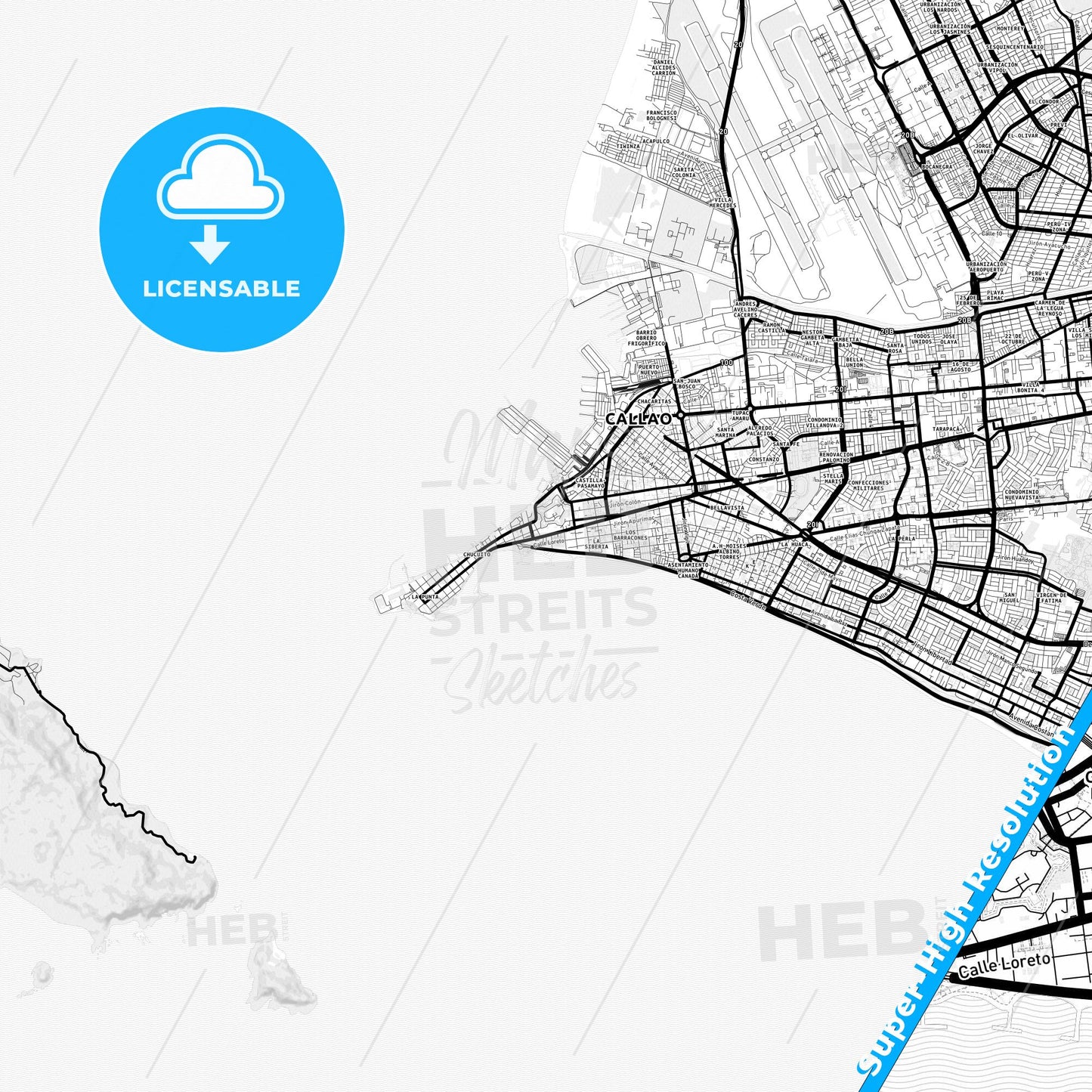 Callao, Peru Light Map with Street Names, City Names, and Districts