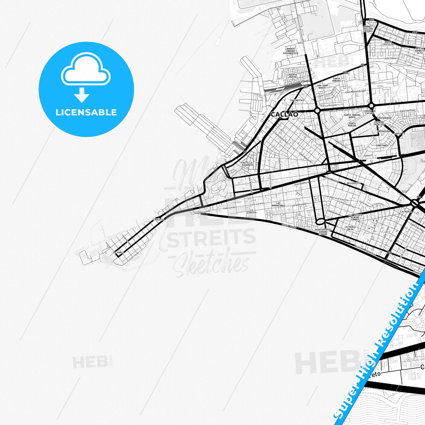 Callao, Peru Light Map with Street Names, City Names, and Districts