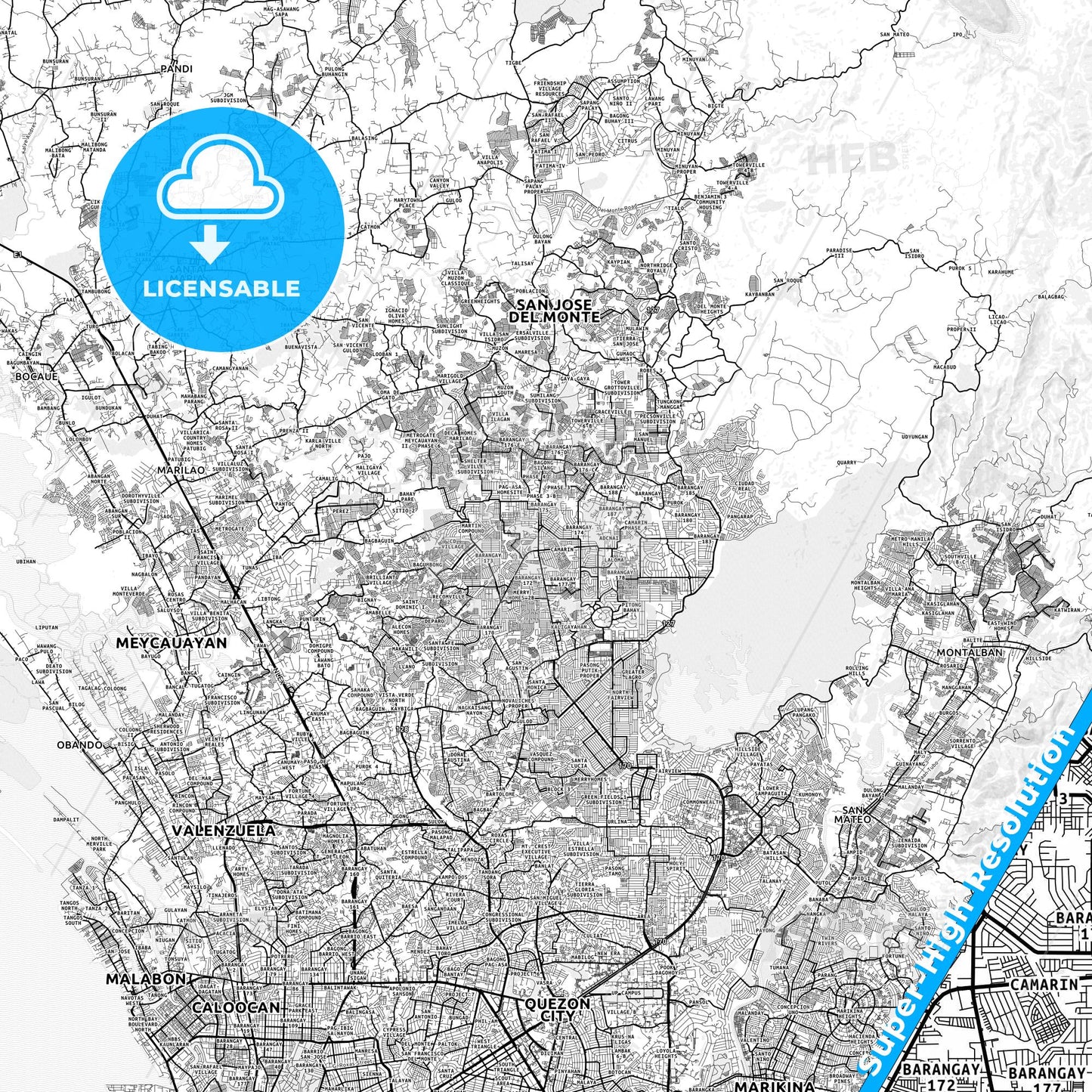 Caloocan, Philippines light map with streetnames, citynames and districts