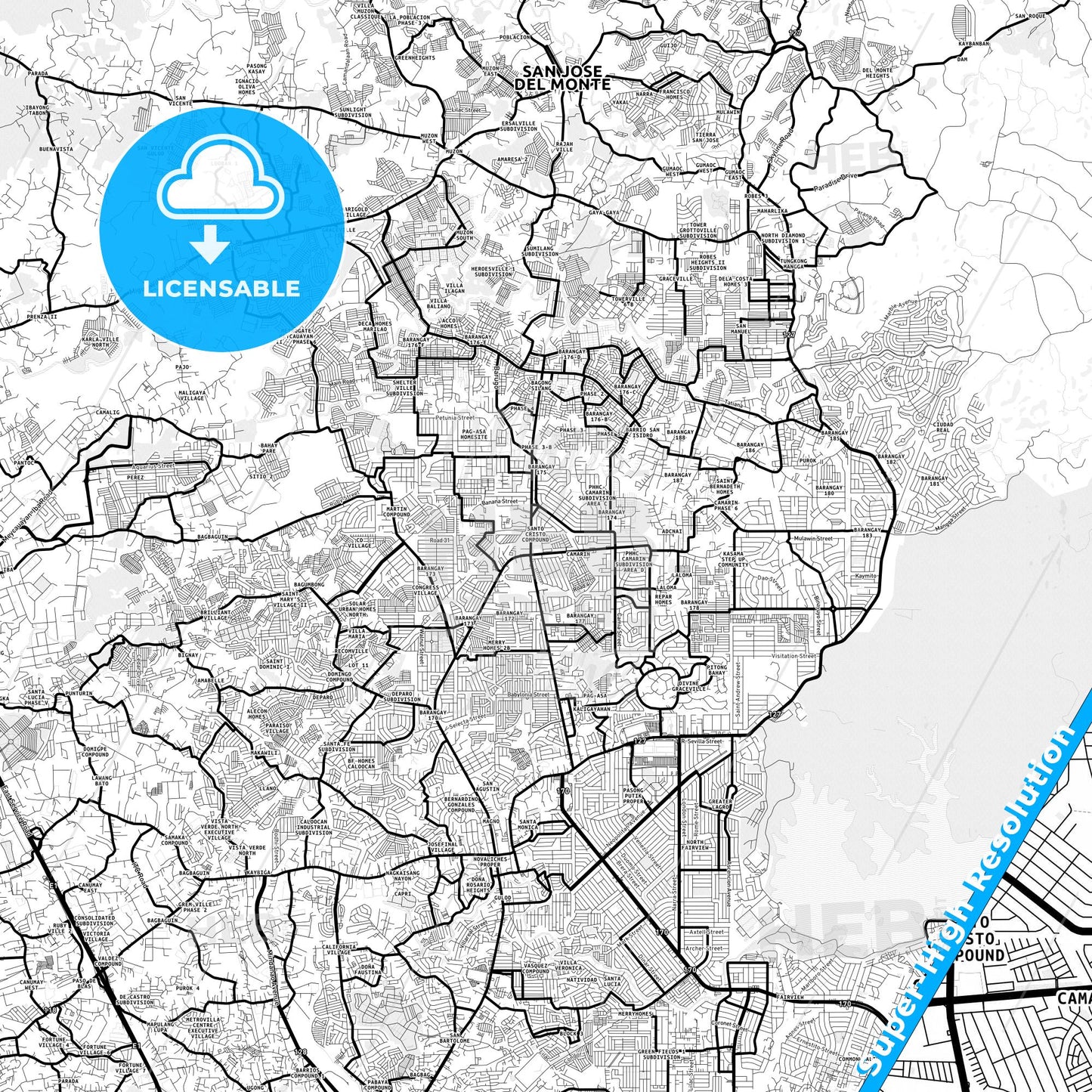 Caloocan, Philippines Light Map with Street Names, City Names, and Districts