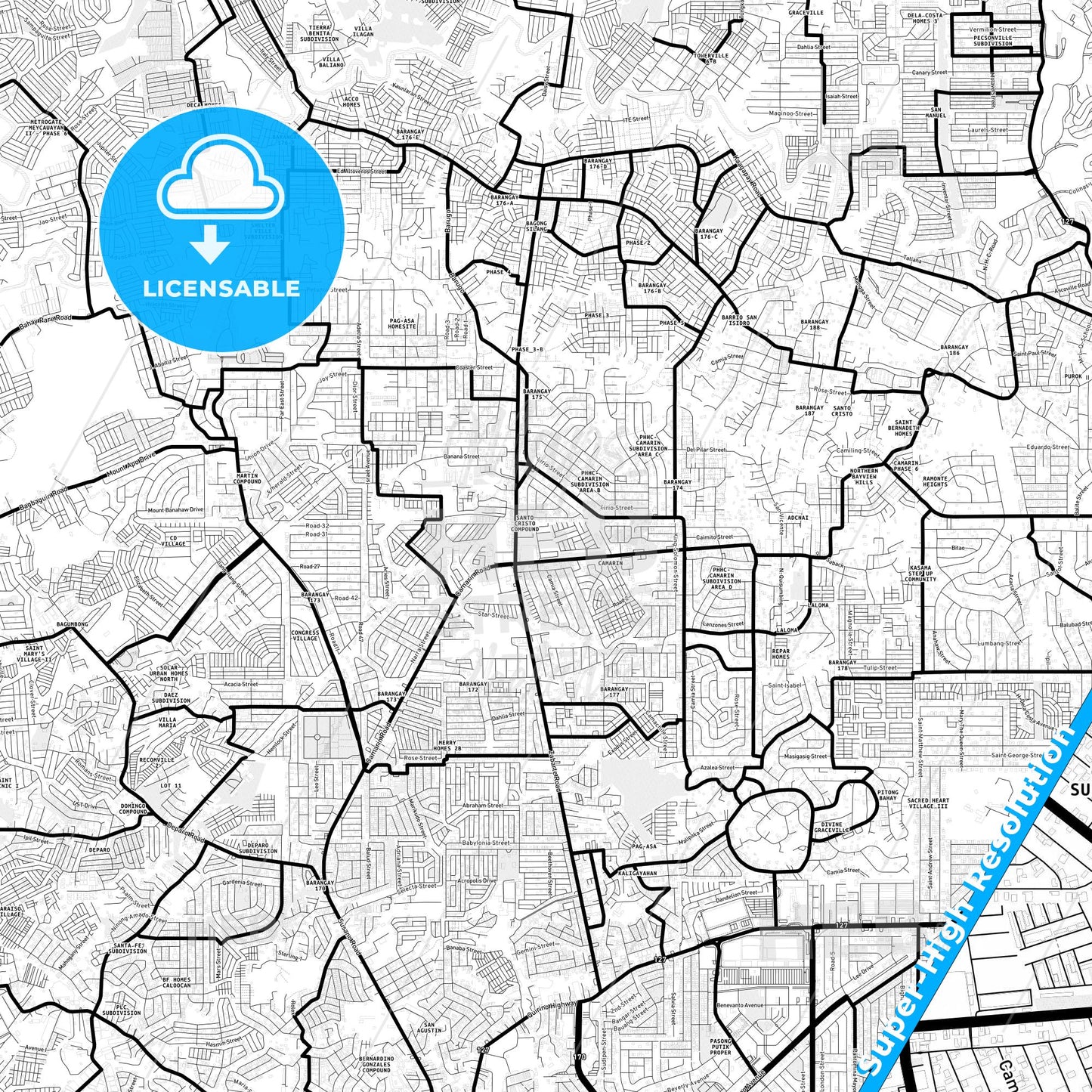 Caloocan, Philippines Light Map with Street Names, City Names, and Districts