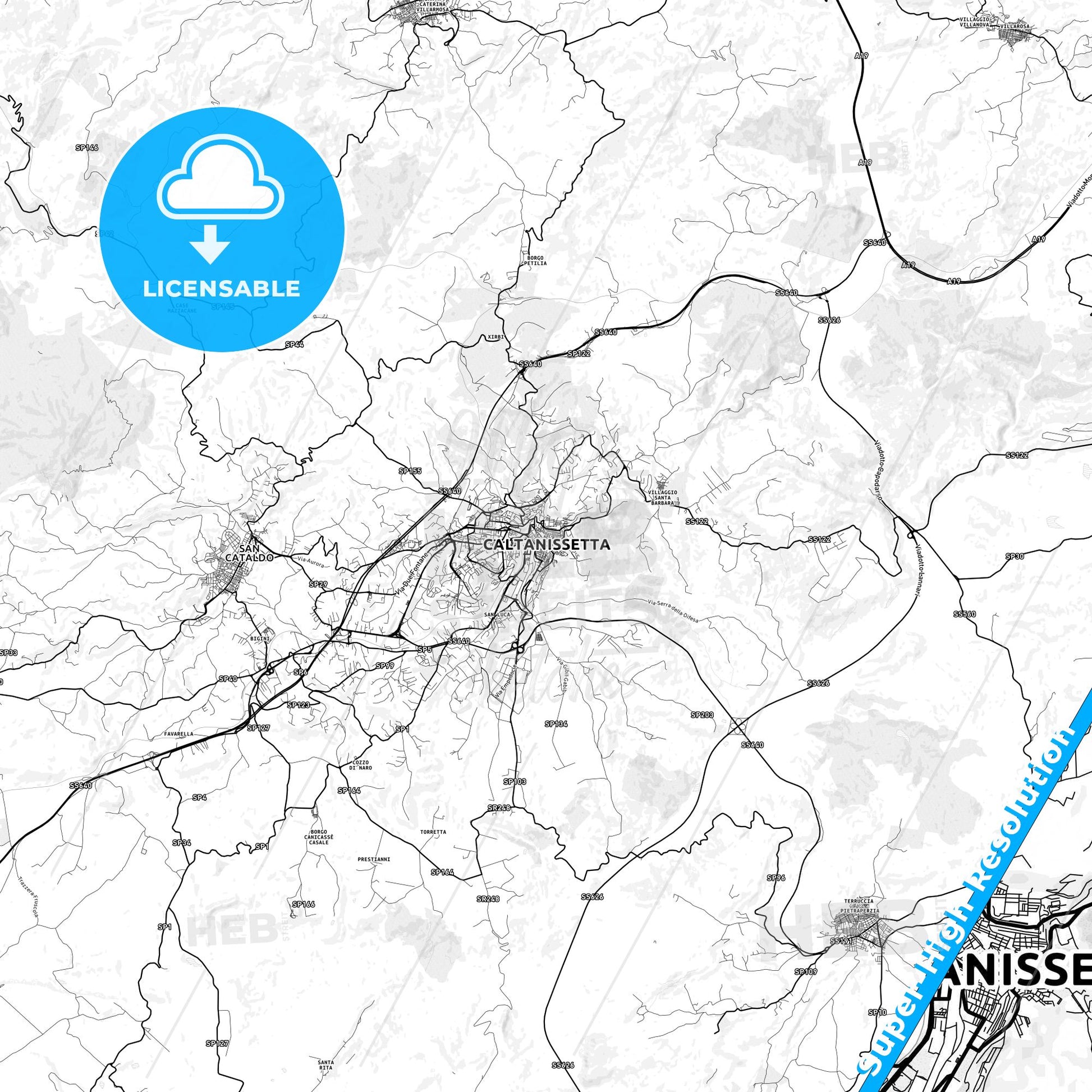Caltanissetta, Italy light map with streetnames, citynames and districts