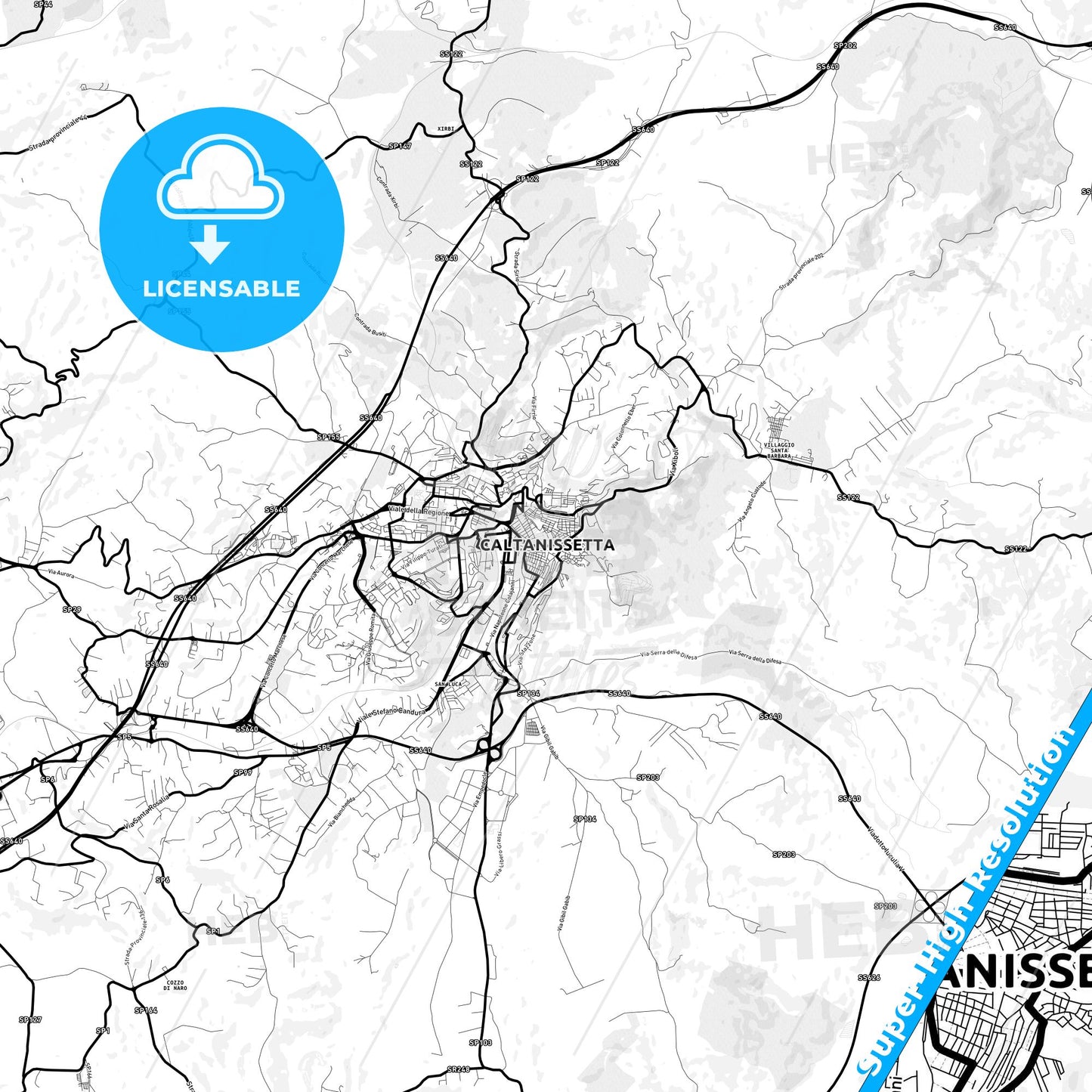 Caltanissetta, Italy Light Map with Street Names, City Names, and Districts