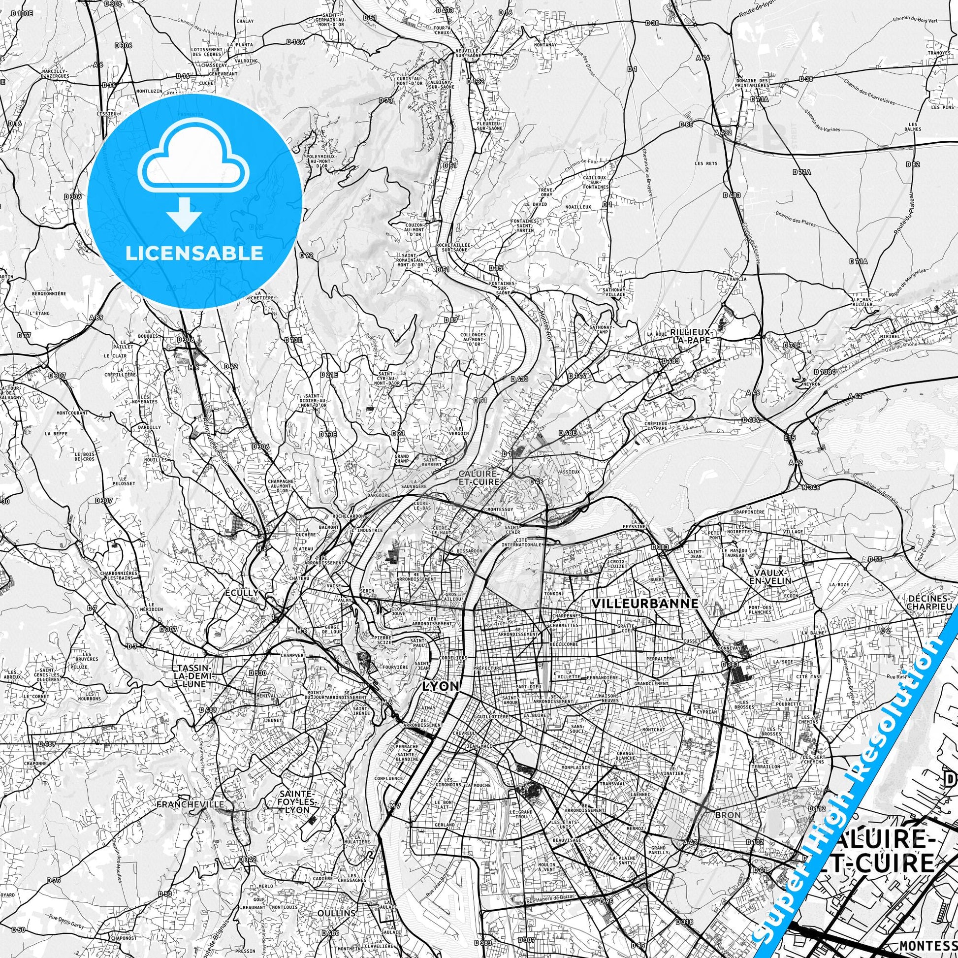 Caluire-et-Cuire, France light map with streetnames, citynames and districts