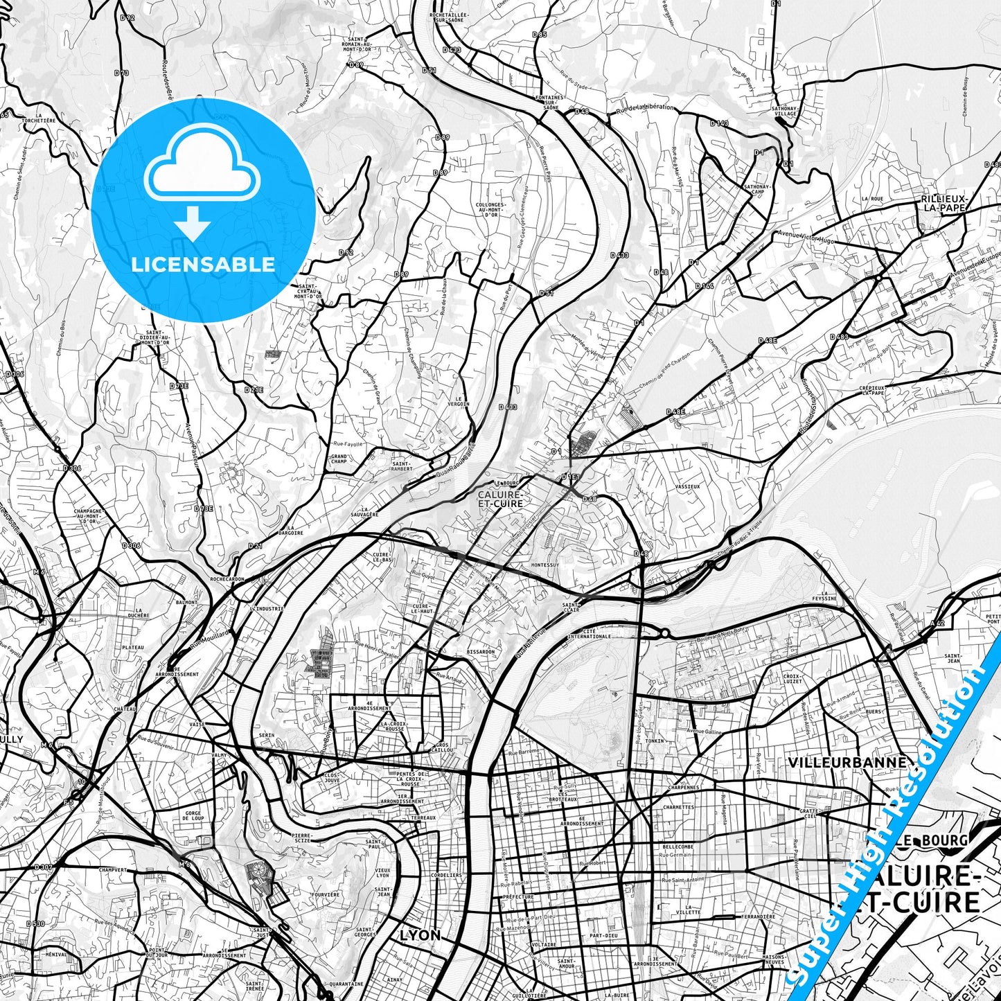 Caluire-et-Cuire, France Light Map with Street Names, City Names, and Districts