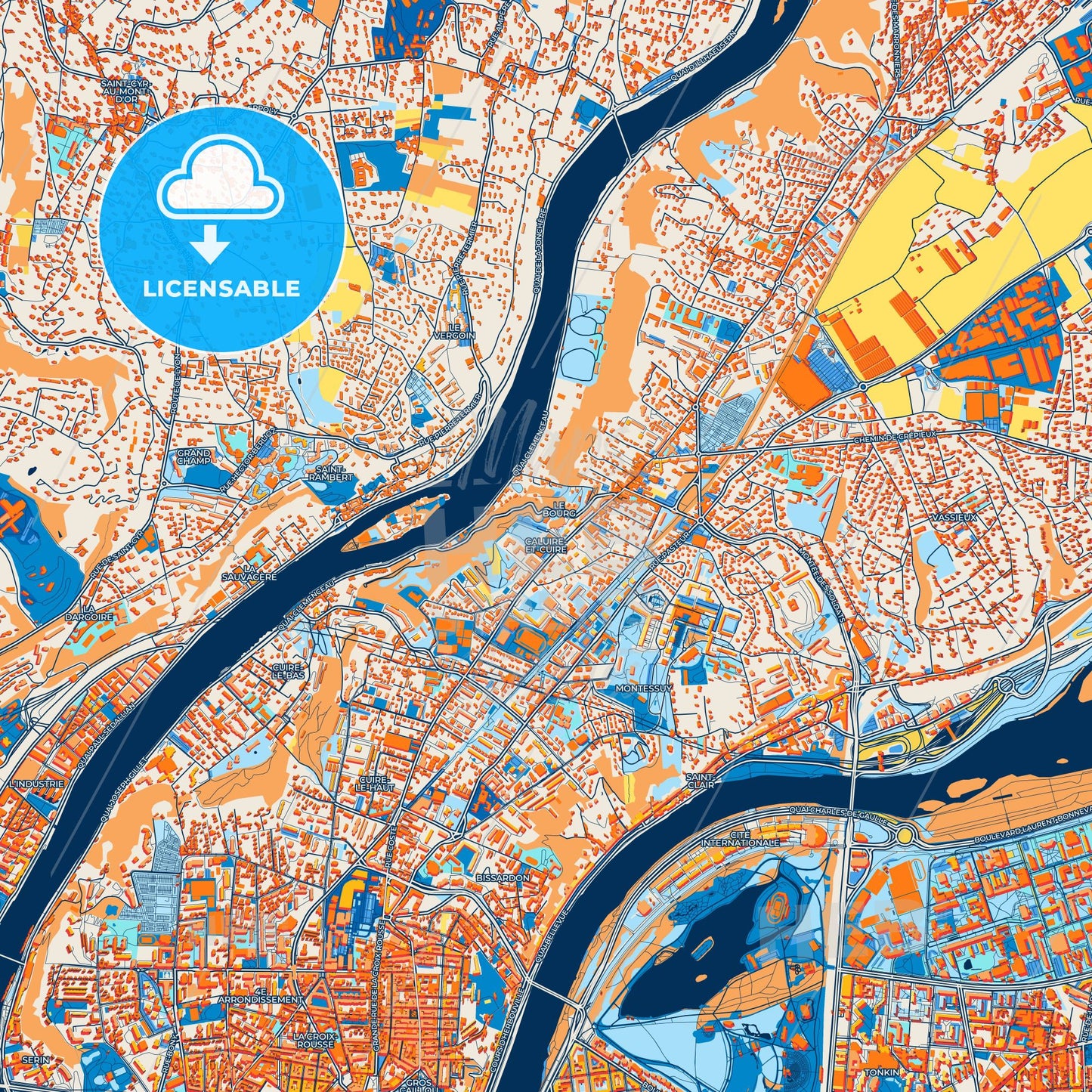 Colorful Caluire-et-Cuire Street Map with Labels and Buildings