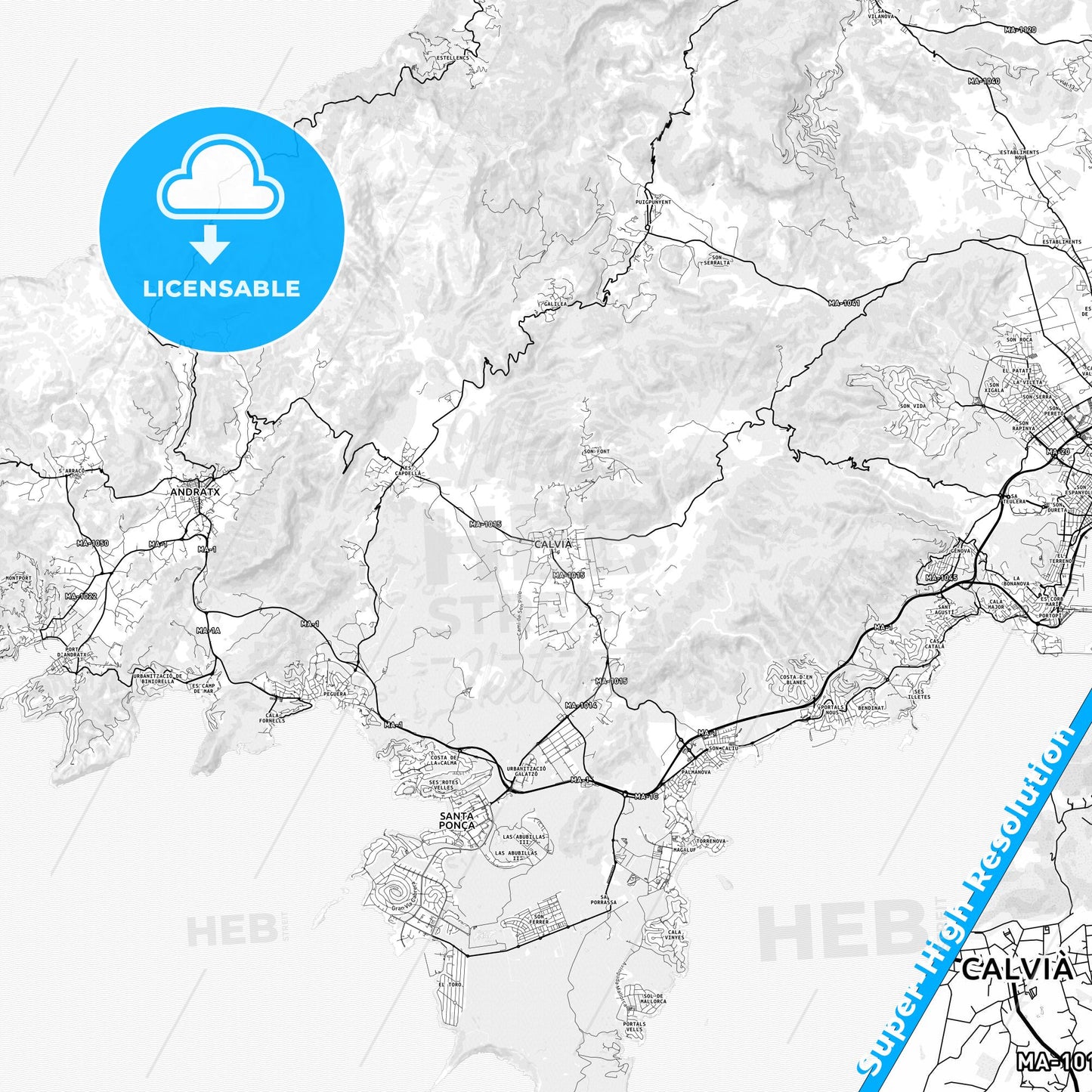 Calvià, Spain light map with streetnames, citynames and districts