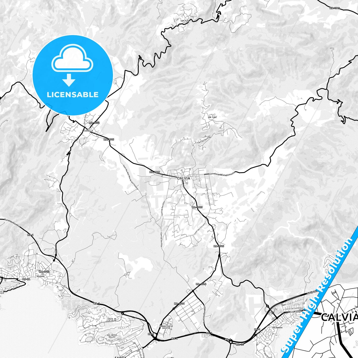Calvià, Spain Light Map with Street Names, City Names, and Districts