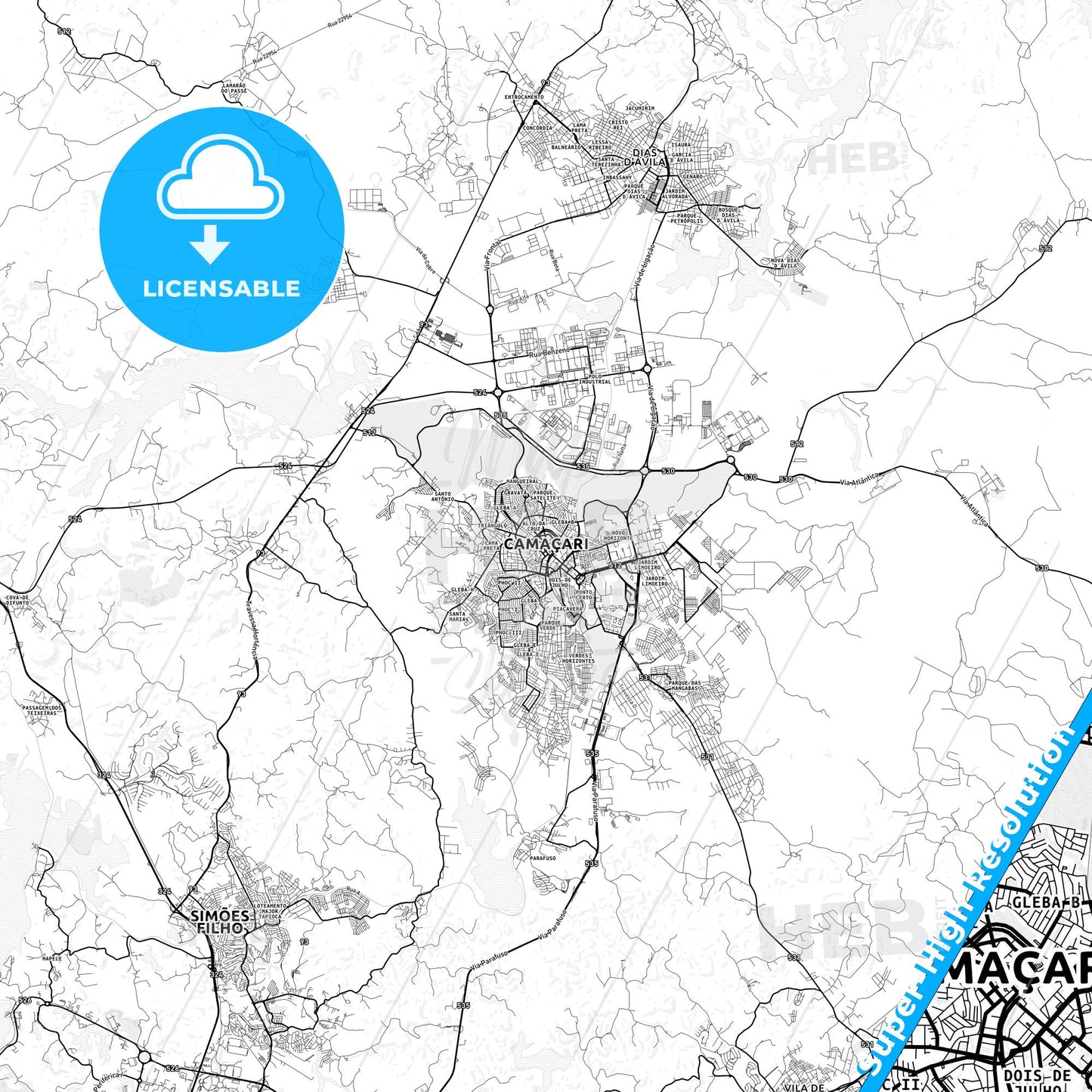 Camacari, Brazil light map with streetnames, citynames and districts