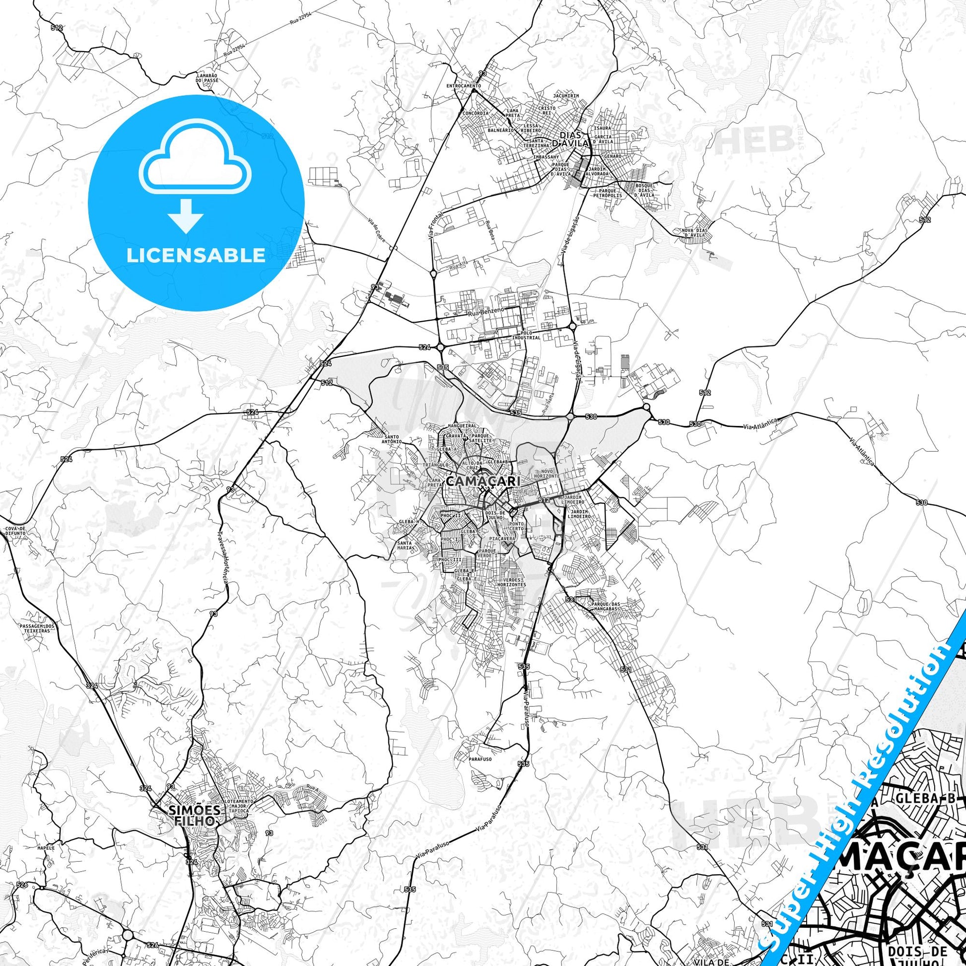 Camacari, Brazil light map with streetnames, citynames and districts