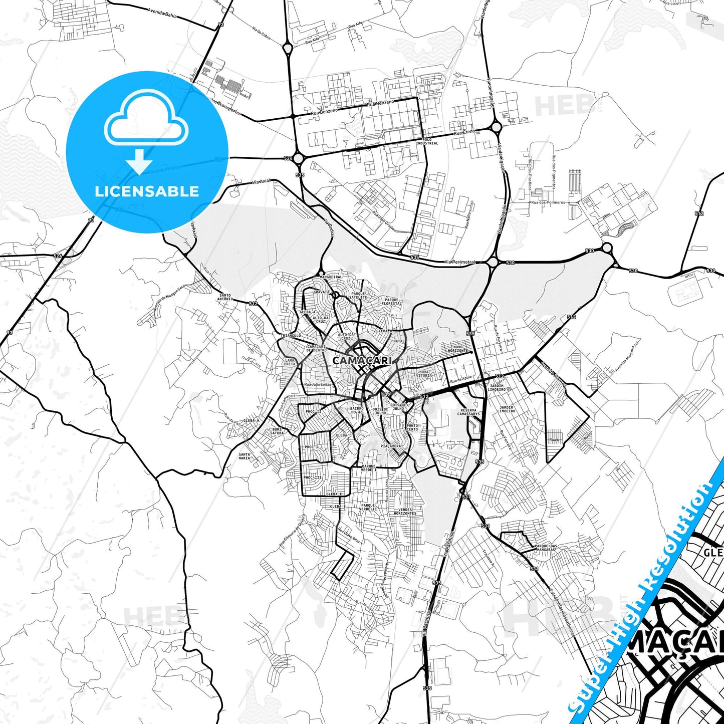 Camacari, Brazil Light Map with Street Names, City Names, and Districts
